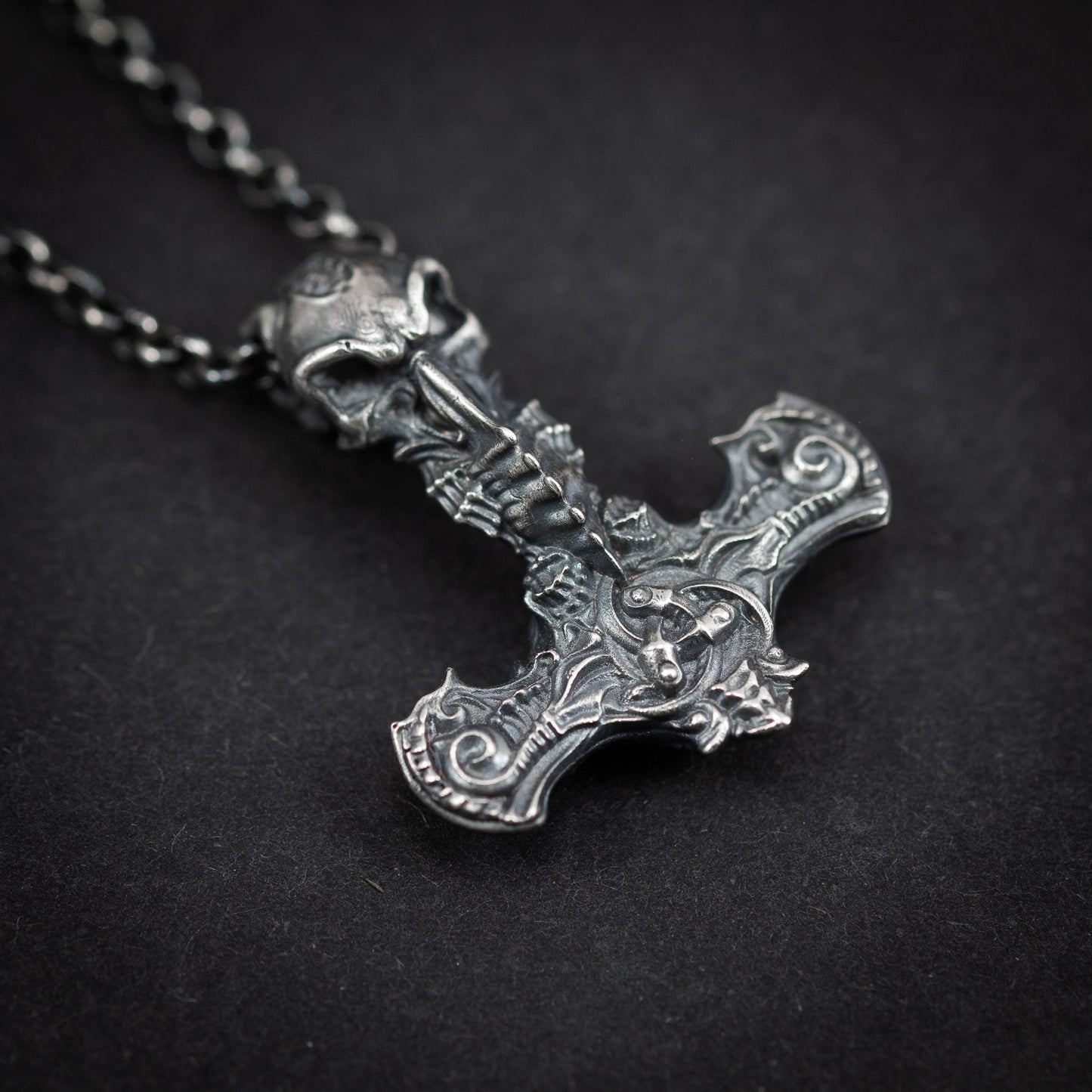 War Hammer Viking Mjölnir Raven skull pendant, Thor's hammer mens necklace, Viking jewelry, Norse jewelry, unique men gift, Norse mythology