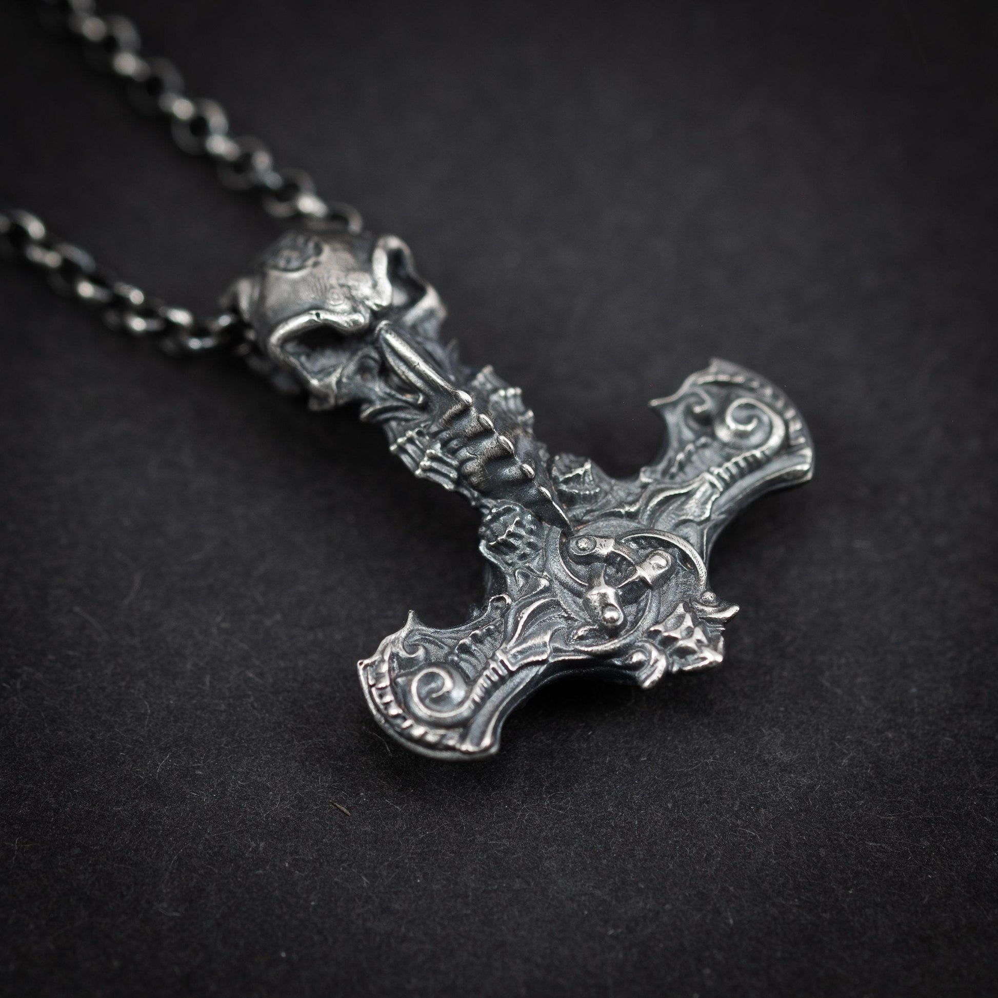 War Hammer Viking Mjölnir Raven skull pendant, Thor's hammer mens necklace, Viking jewelry, Norse jewelry, unique men gift, Norse mythology