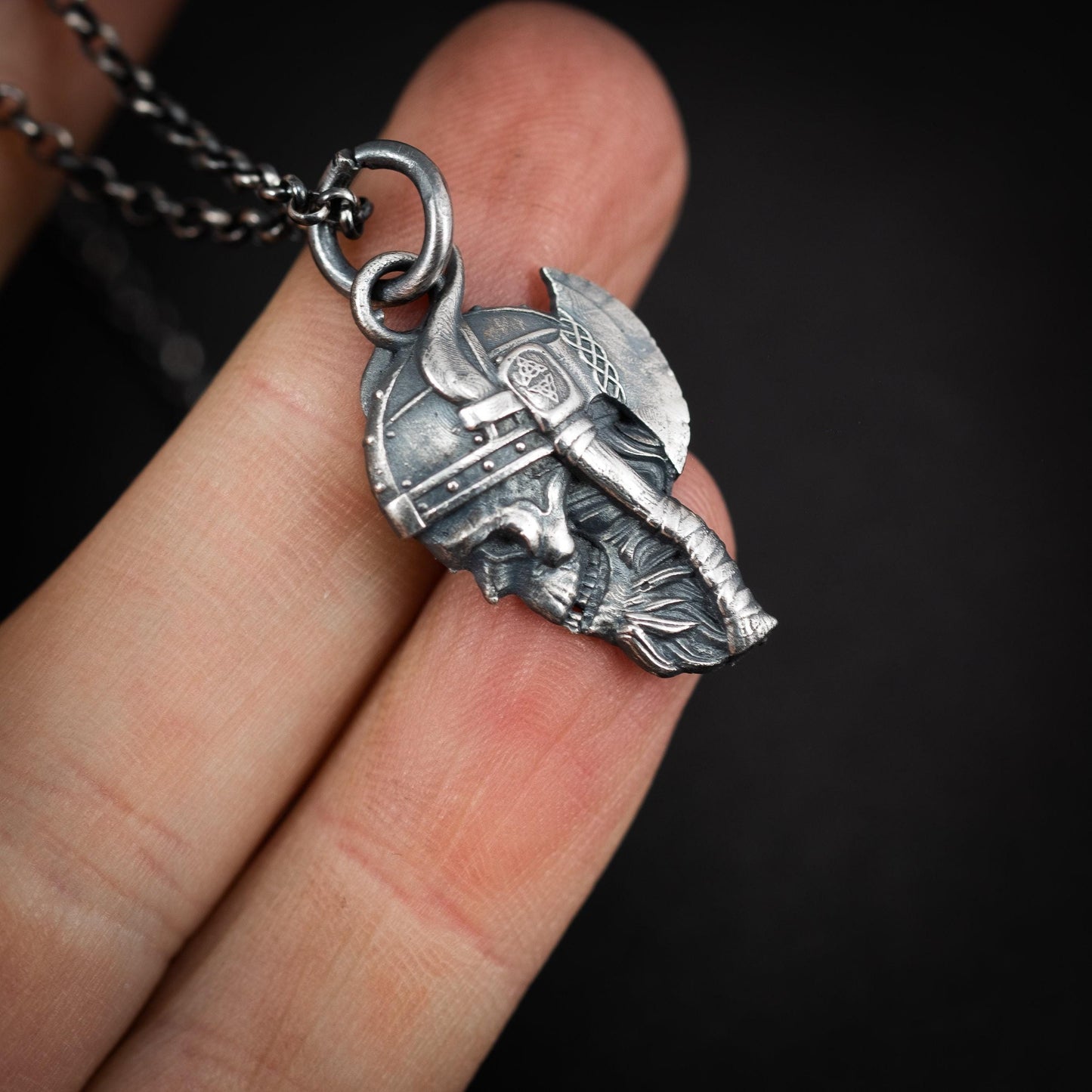Viking Warrior skull Rustic sterling silver pendant neckalce, viking gift for men, Oxidized jewelry