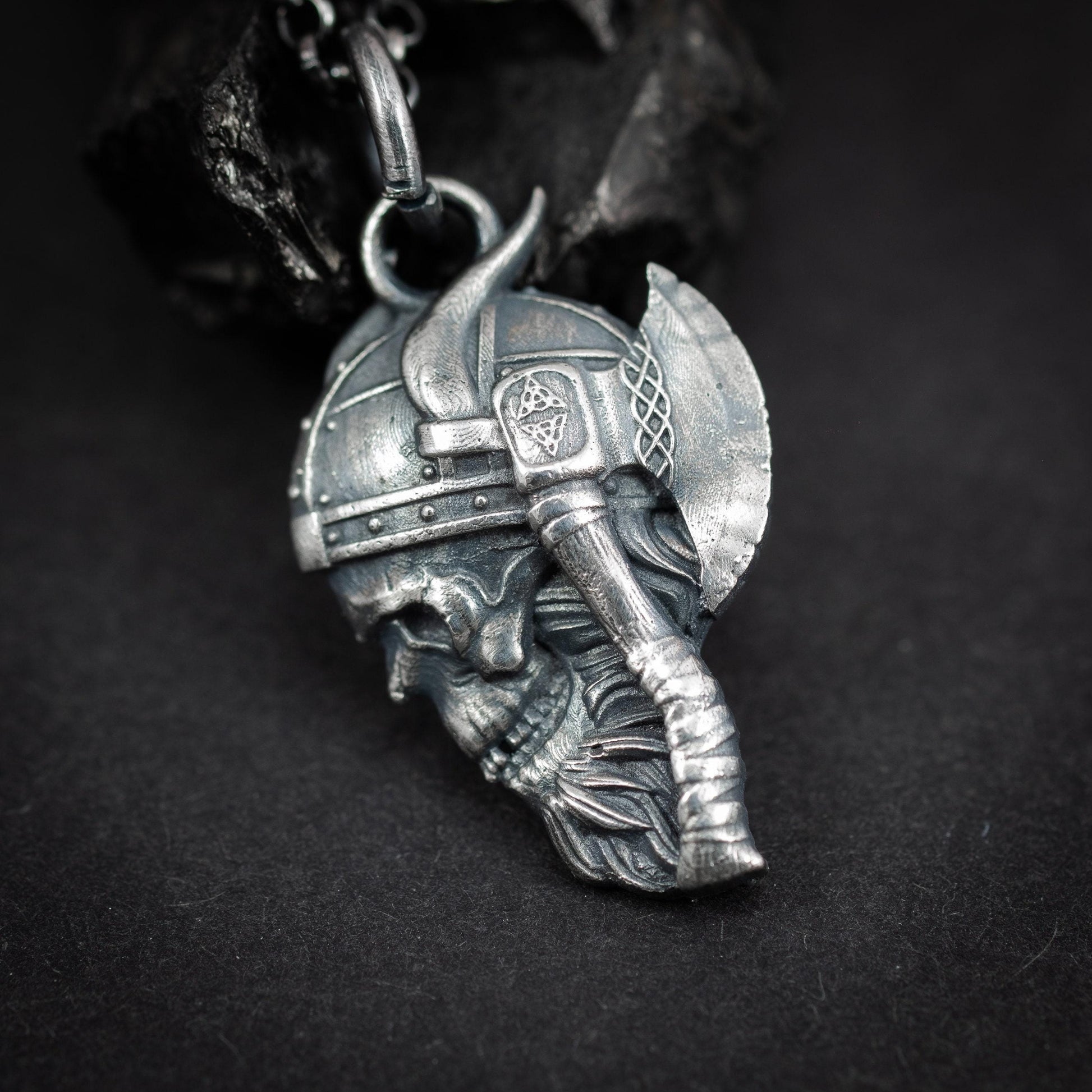 Viking Warrior skull Rustic sterling silver pendant neckalce, viking gift for men, Oxidized jewelry