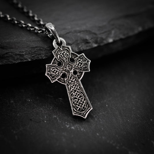 Rustic Mens Silver Celtic Cross necklace, handmade Celtic jewelry