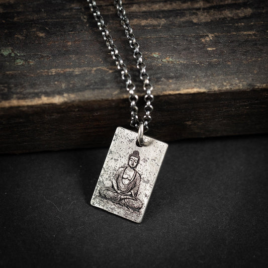 Buddha Meditation silver pendant necklace, Buddhist yoga handmade spiritual jewelry, Mindfulnes gift for him, mens necklace, Anxiety relief