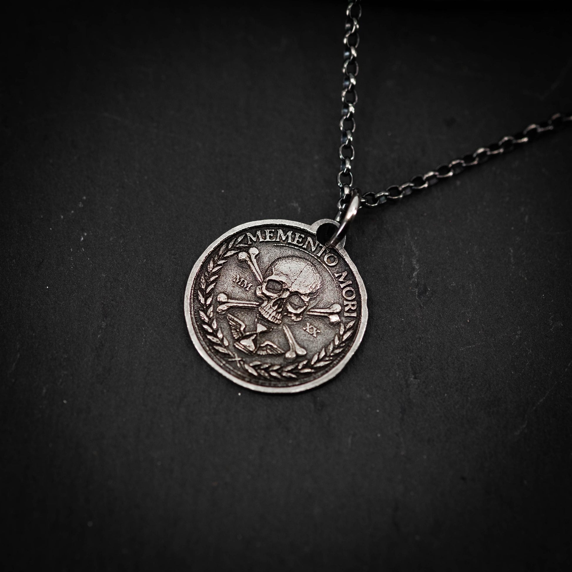 Silver Memento Mori Personalized Men's Skull Necklace, Rustic Handmade Best Friend Gift, Handmade Goth Oxidized Jewelry