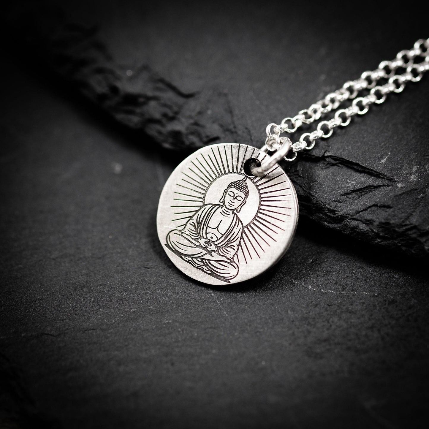 Silver Buddha Meditation Pendant Necklace, Handmade Buddhist Yoga Jewelry for Men, Spiritual Mindfulness Gift for Him