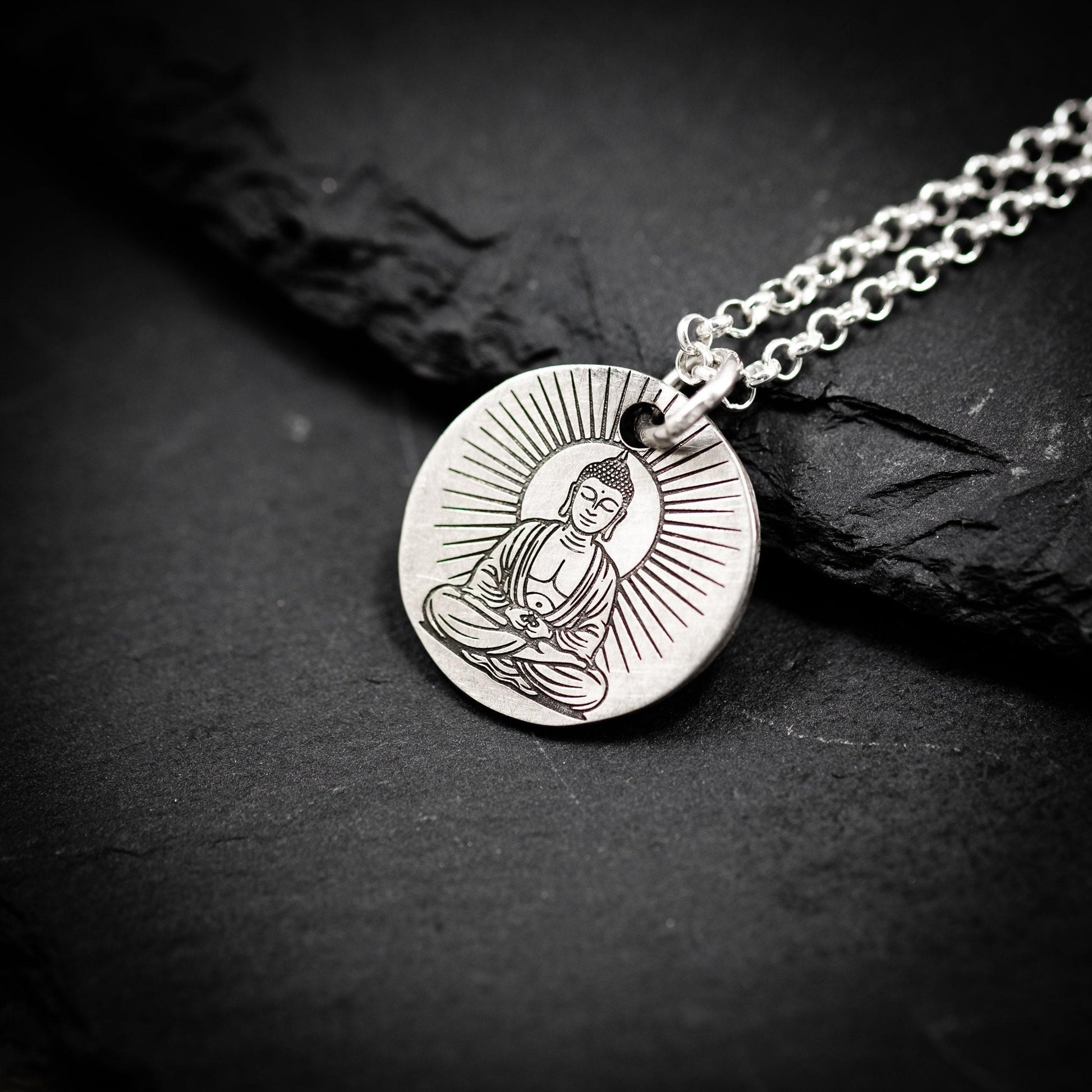 Silver Buddha Meditation Pendant Necklace, Handmade Buddhist Yoga Jewelry for Men, Spiritual Mindfulness Gift for Him