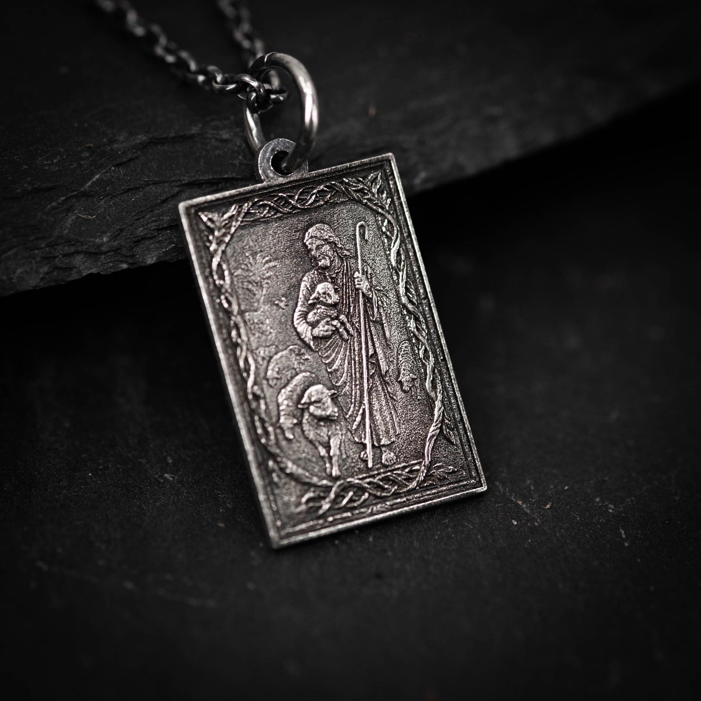 Handmade Oxidized Sterling Silver Jesus Shepard Necklace, Religious Pendant
