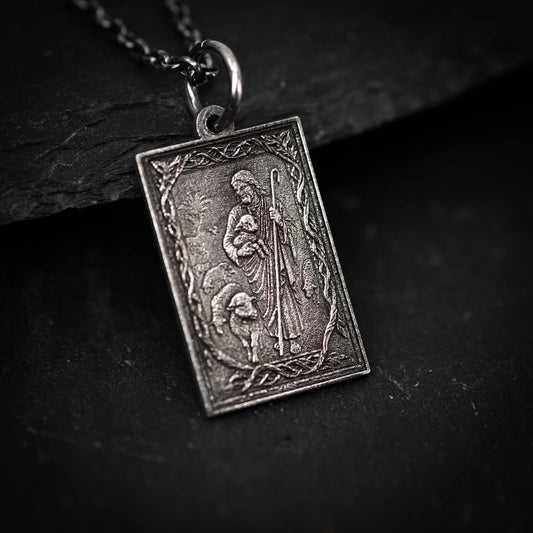 Handmade Oxidized Sterling Silver Jesus Shepard Necklace, Religious Pendant