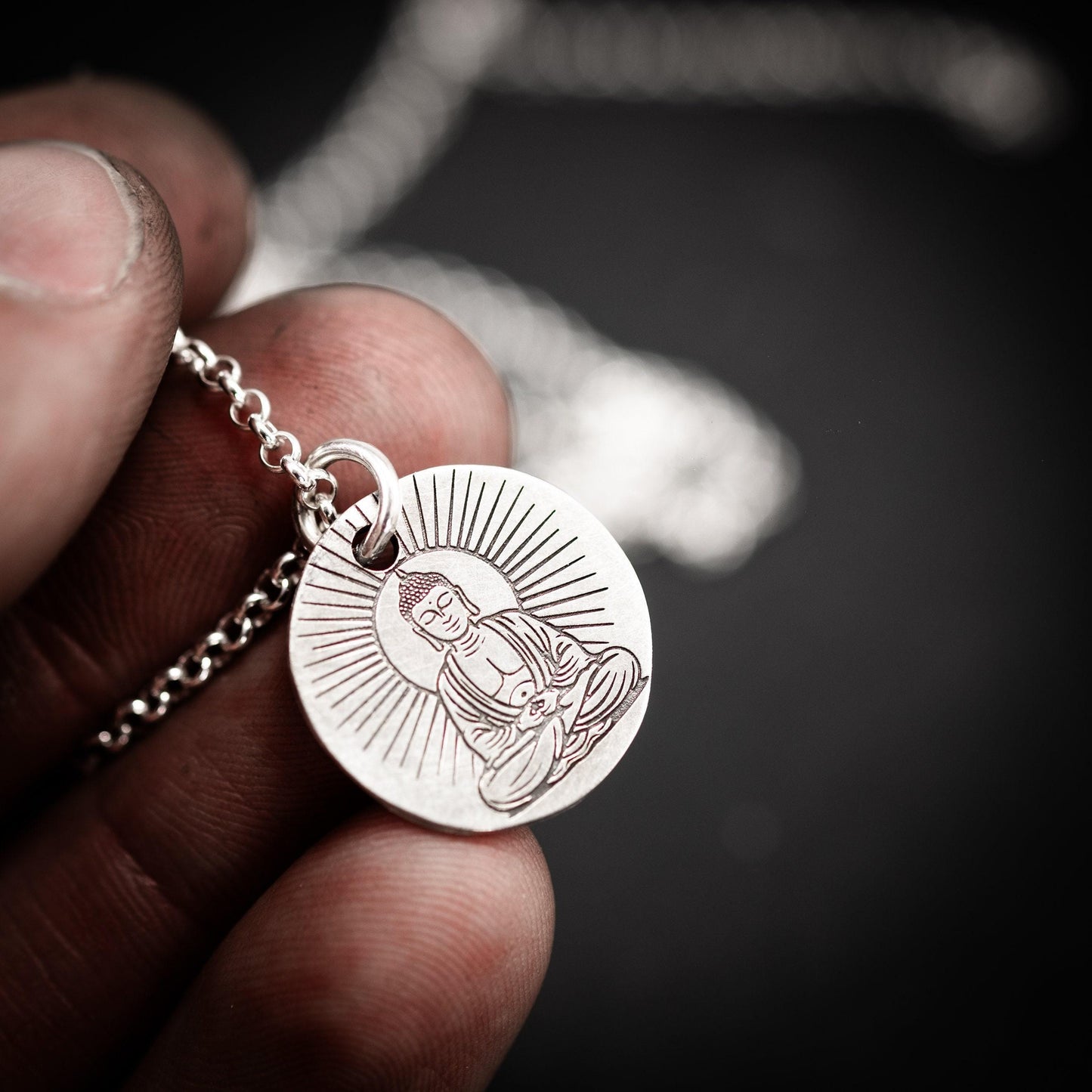 Silver Buddha Meditation Pendant Necklace, Handmade Buddhist Yoga Jewelry for Men, Spiritual Mindfulness Gift for Him