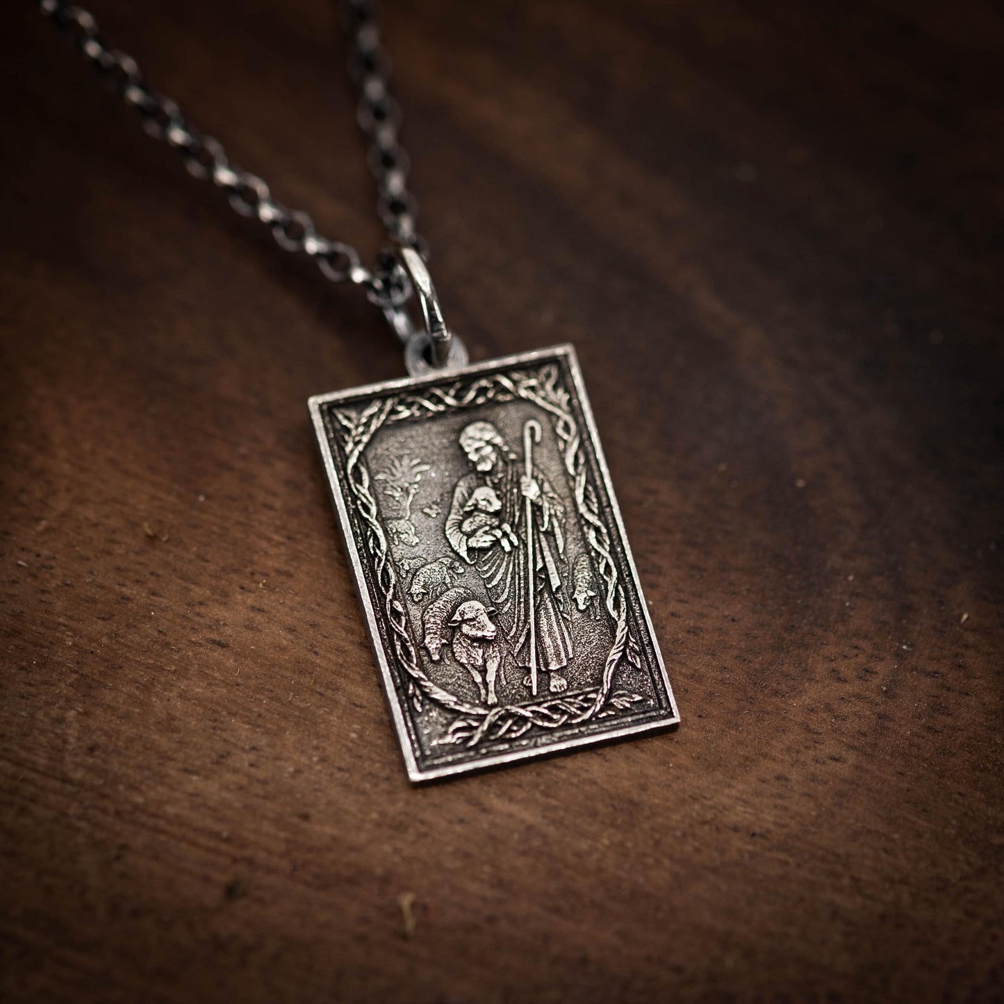 Handmade Oxidized Sterling Silver Jesus Shepard Necklace, Religious Pendant