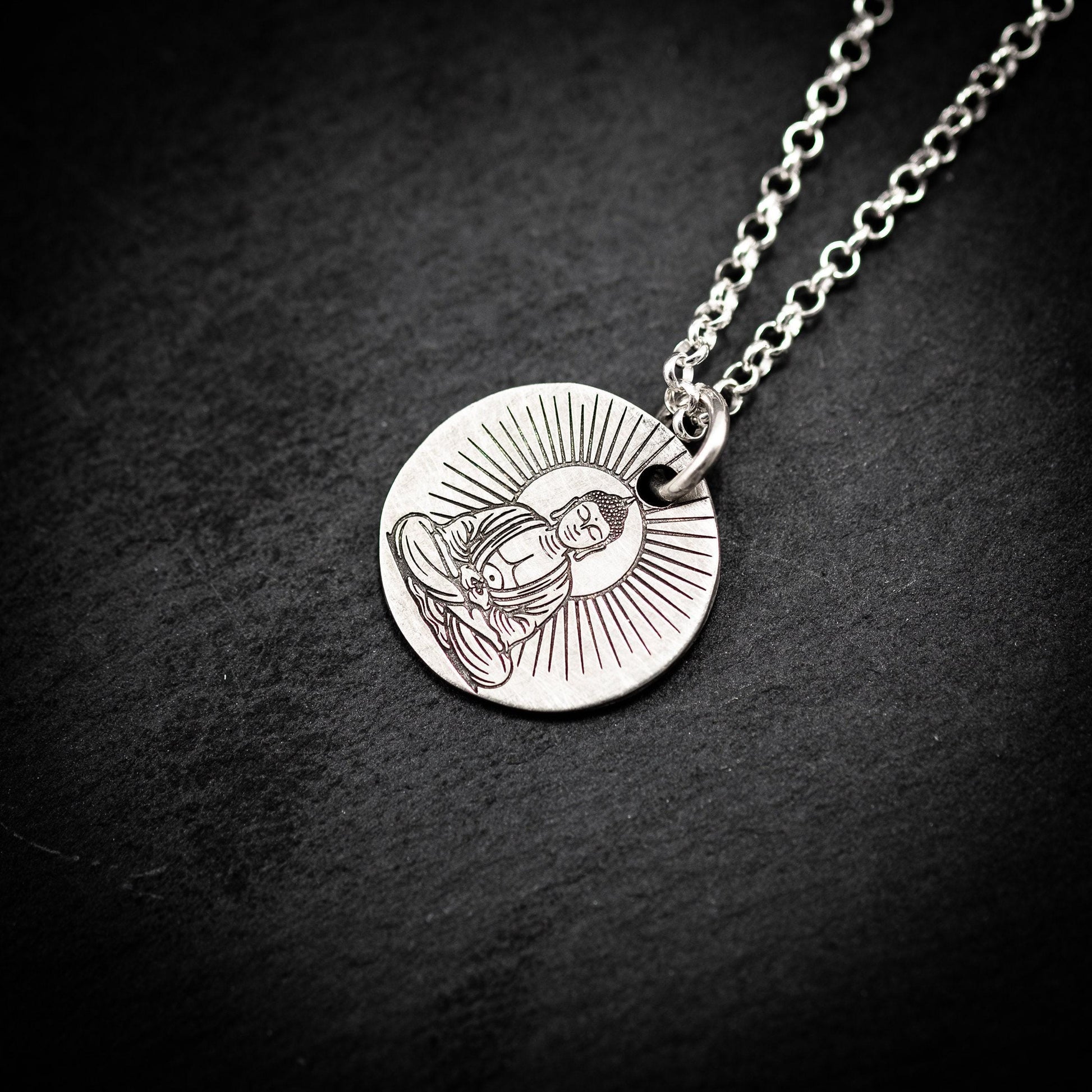 Silver Buddha Meditation Pendant Necklace, Handmade Buddhist Yoga Jewelry for Men, Spiritual Mindfulness Gift for Him