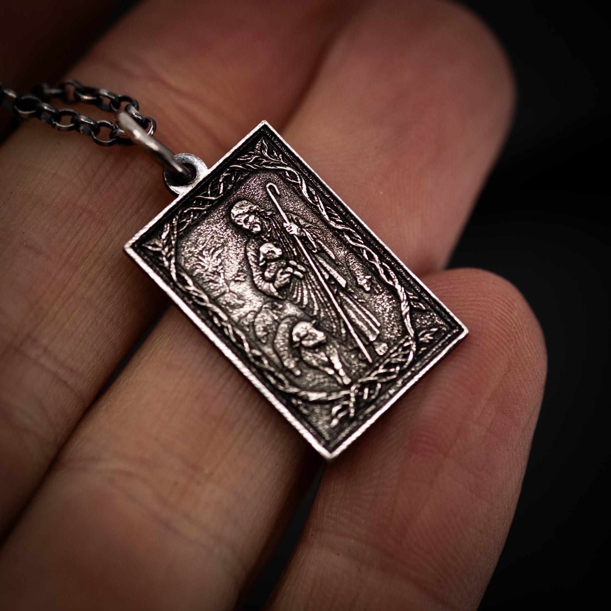 Handmade Oxidized Sterling Silver Jesus Shepard Necklace, Religious Pendant