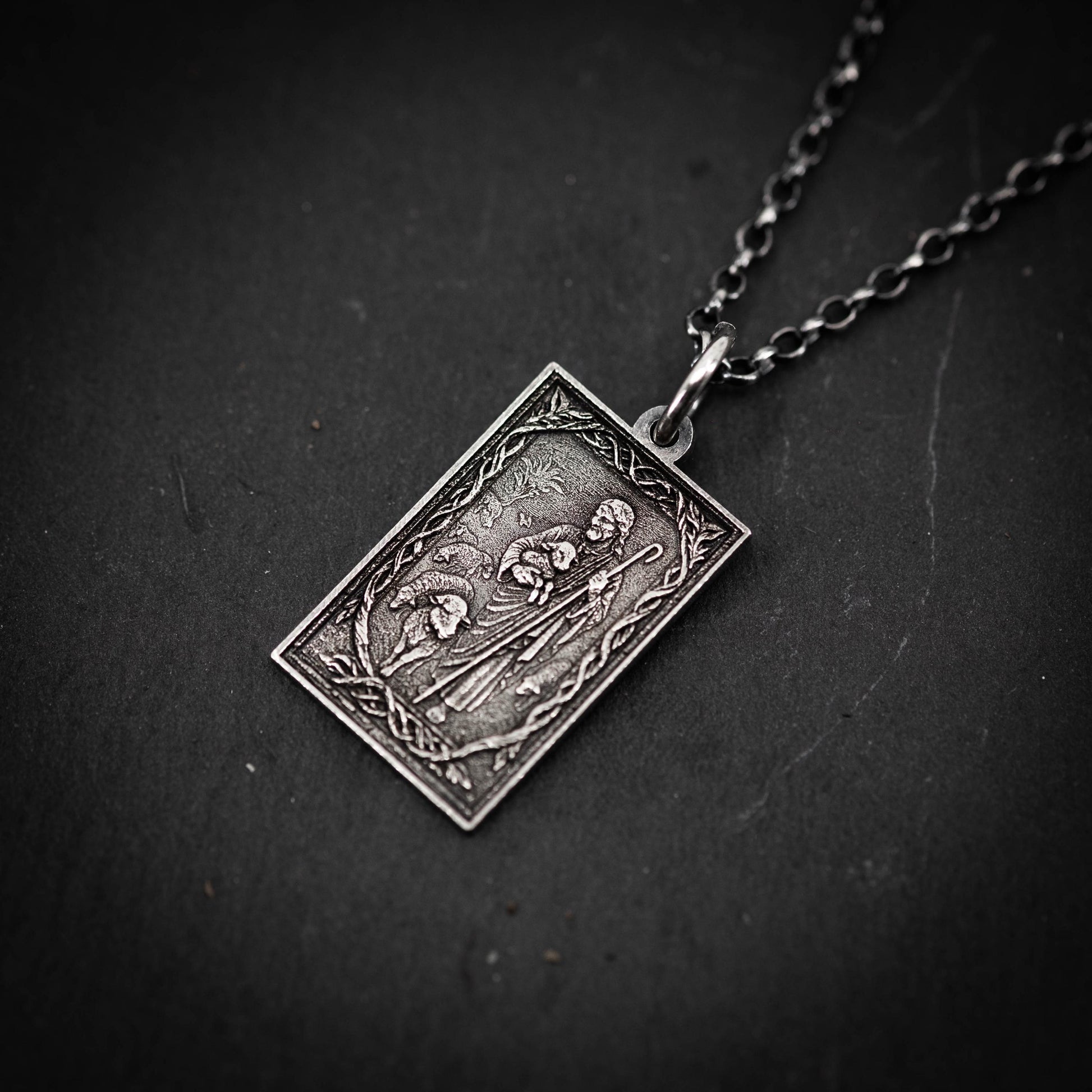 Handmade Oxidized Sterling Silver Jesus Shepard Necklace, Religious Pendant