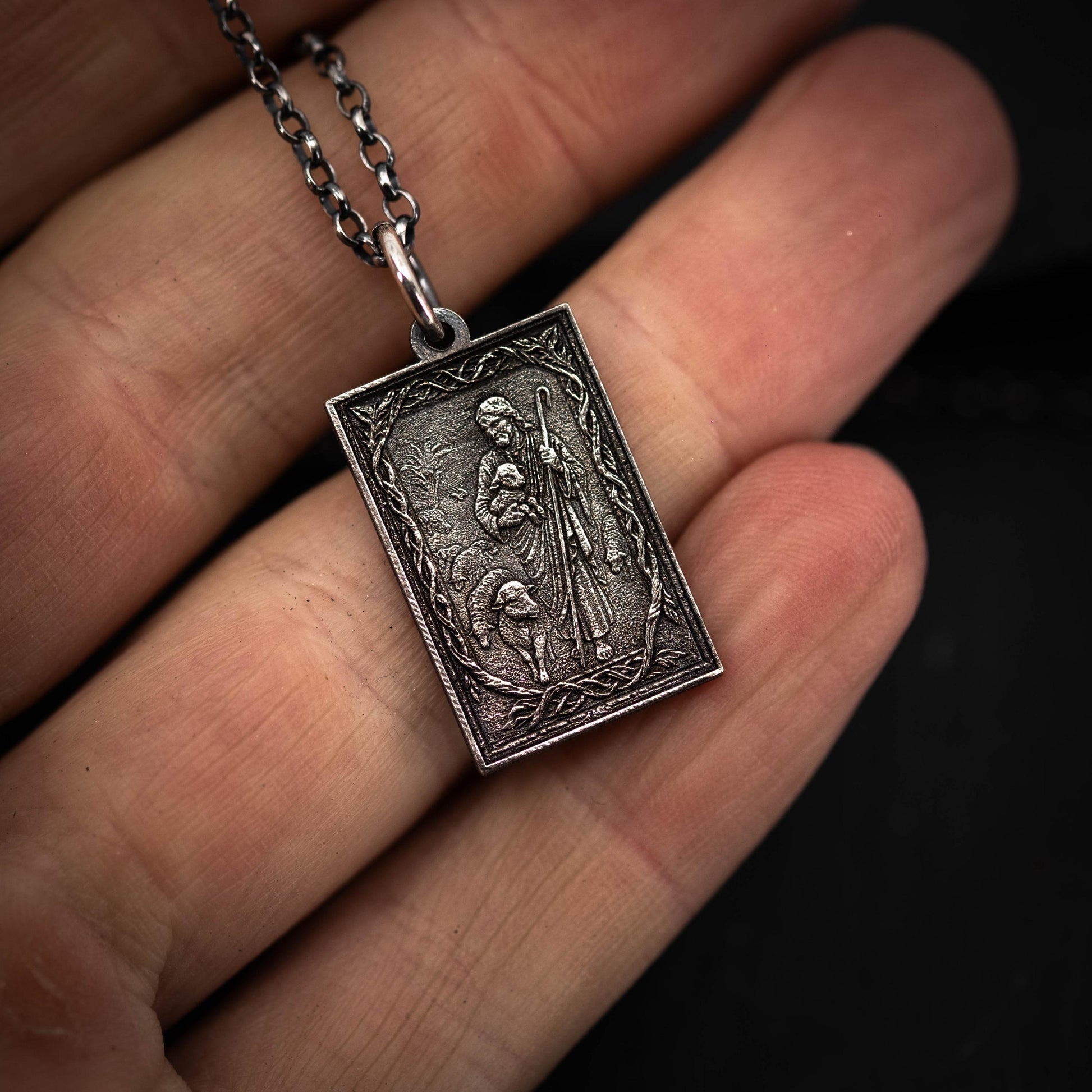 Handmade Oxidized Sterling Silver Jesus Shepard Necklace, Religious Pendant