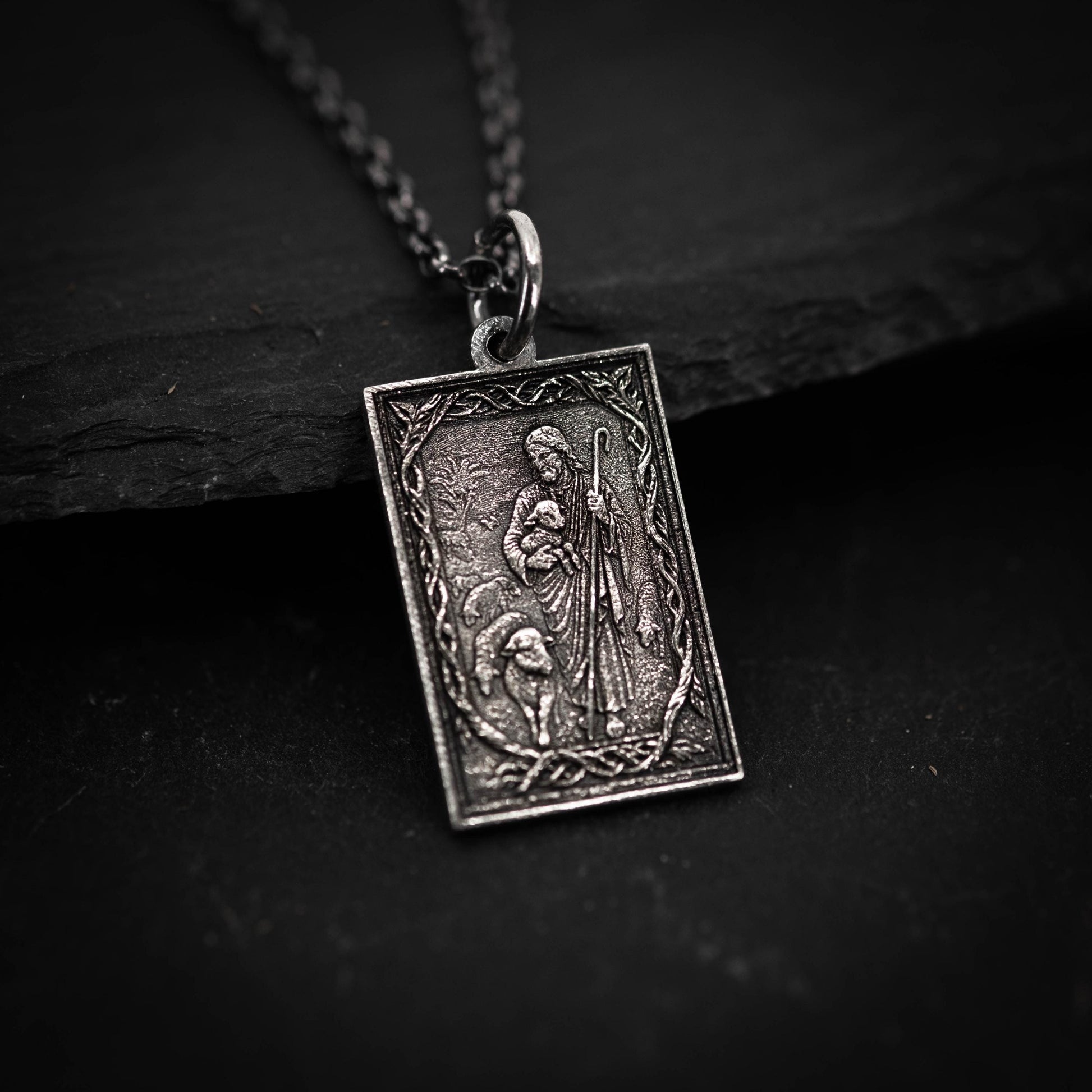 Handmade Oxidized Sterling Silver Jesus Shepard Necklace, Religious Pendant