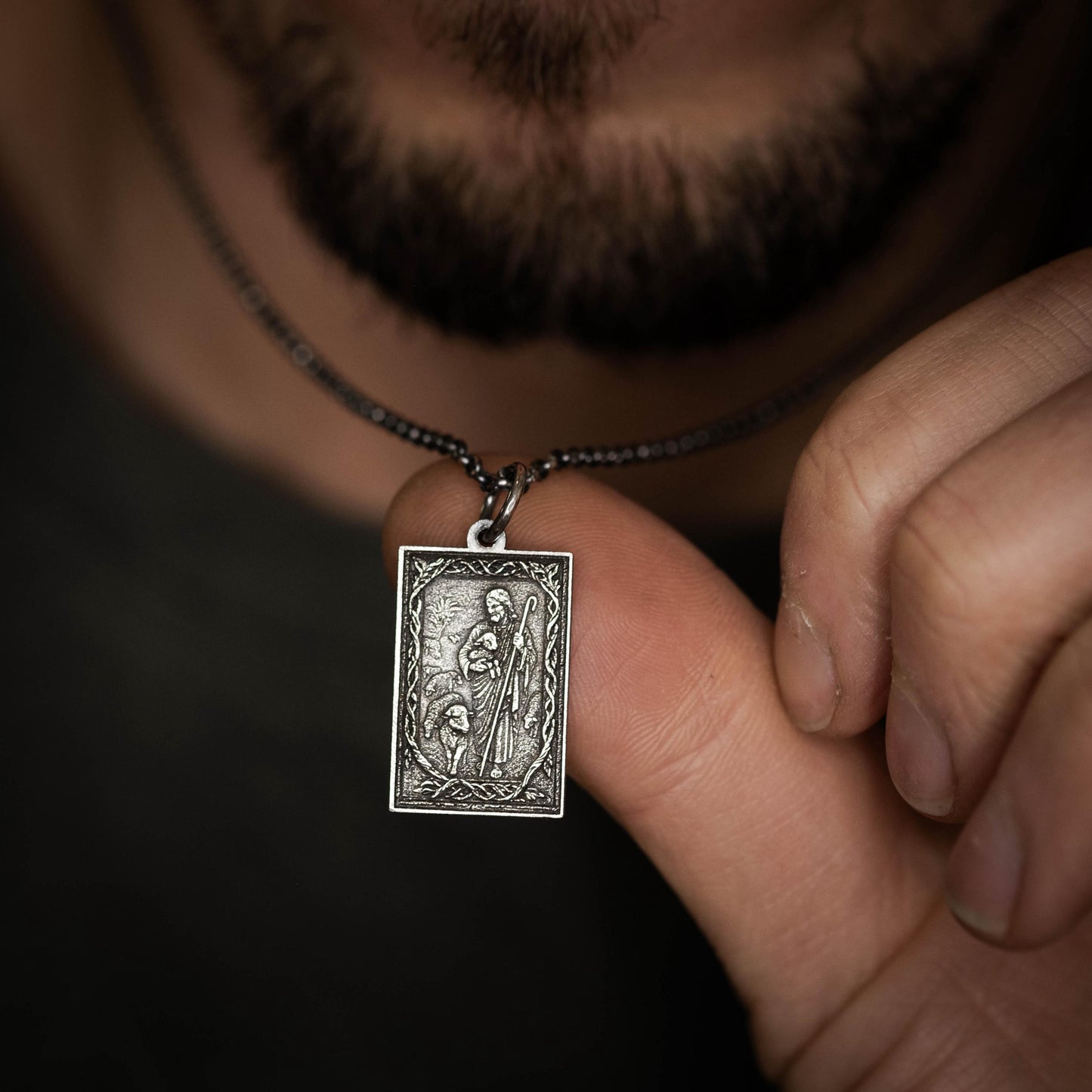 Handmade Oxidized Sterling Silver Jesus Shepard Necklace, Religious Pendant
