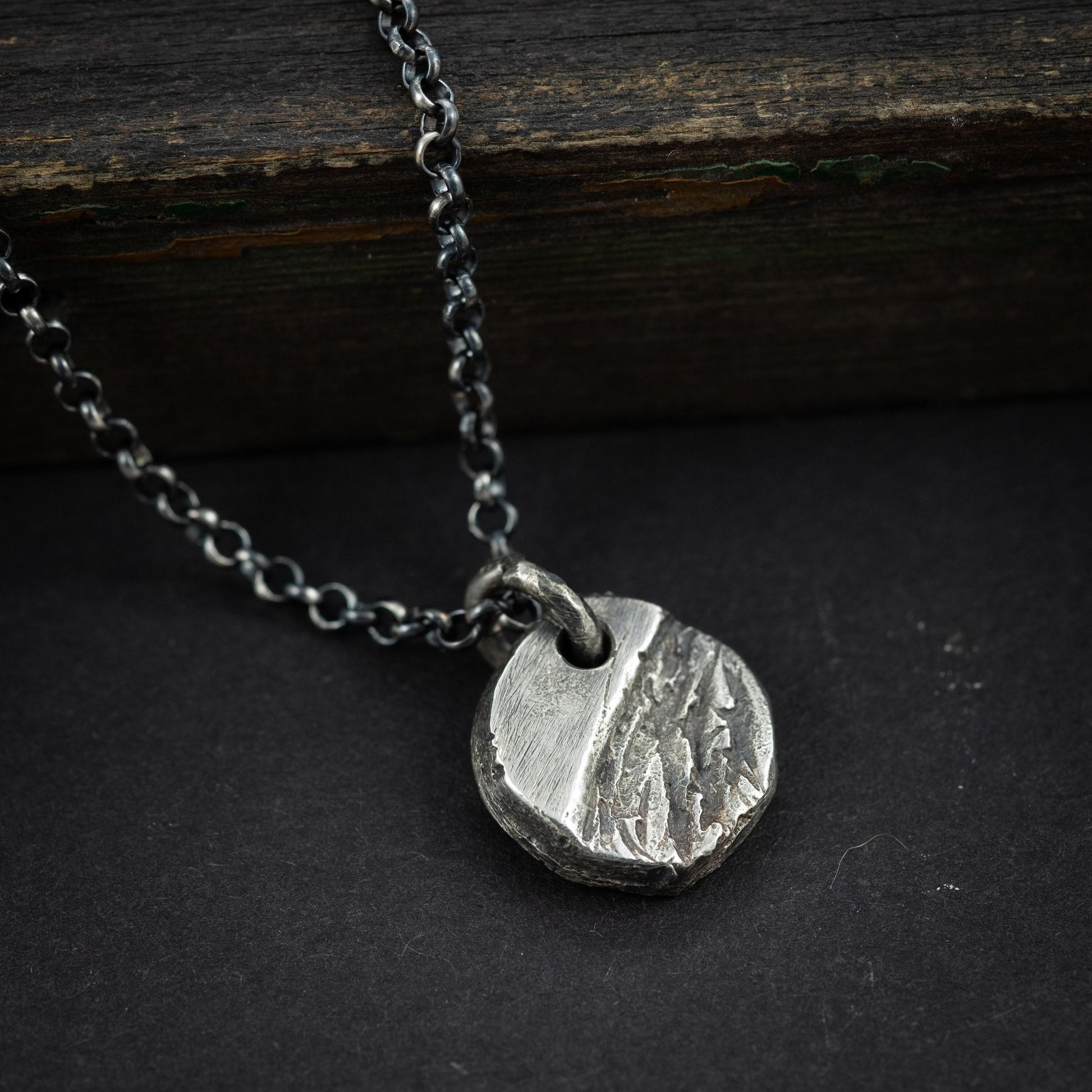 Mens Necklace Small Rustic Pendant for Men in Sterling Silver