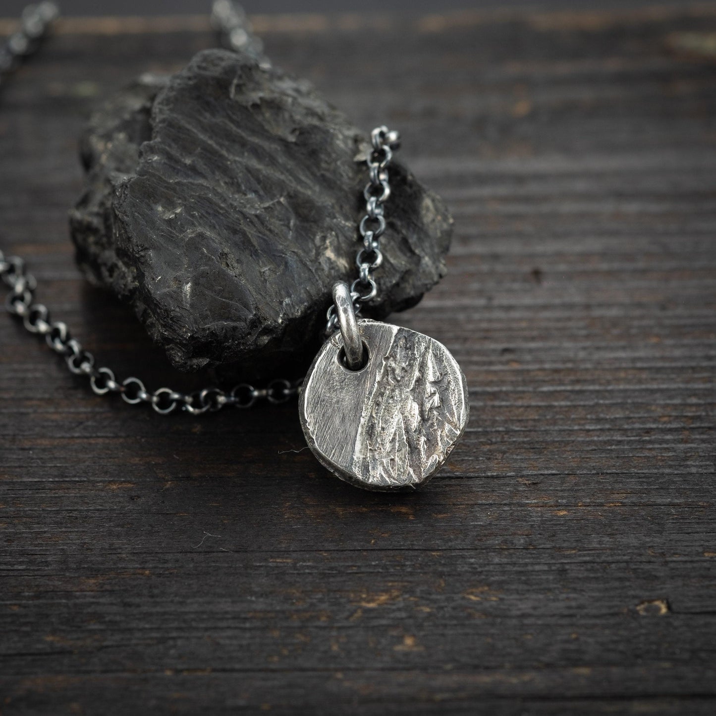 Mens Necklace Small Rustic Pendant for Men in Sterling Silver