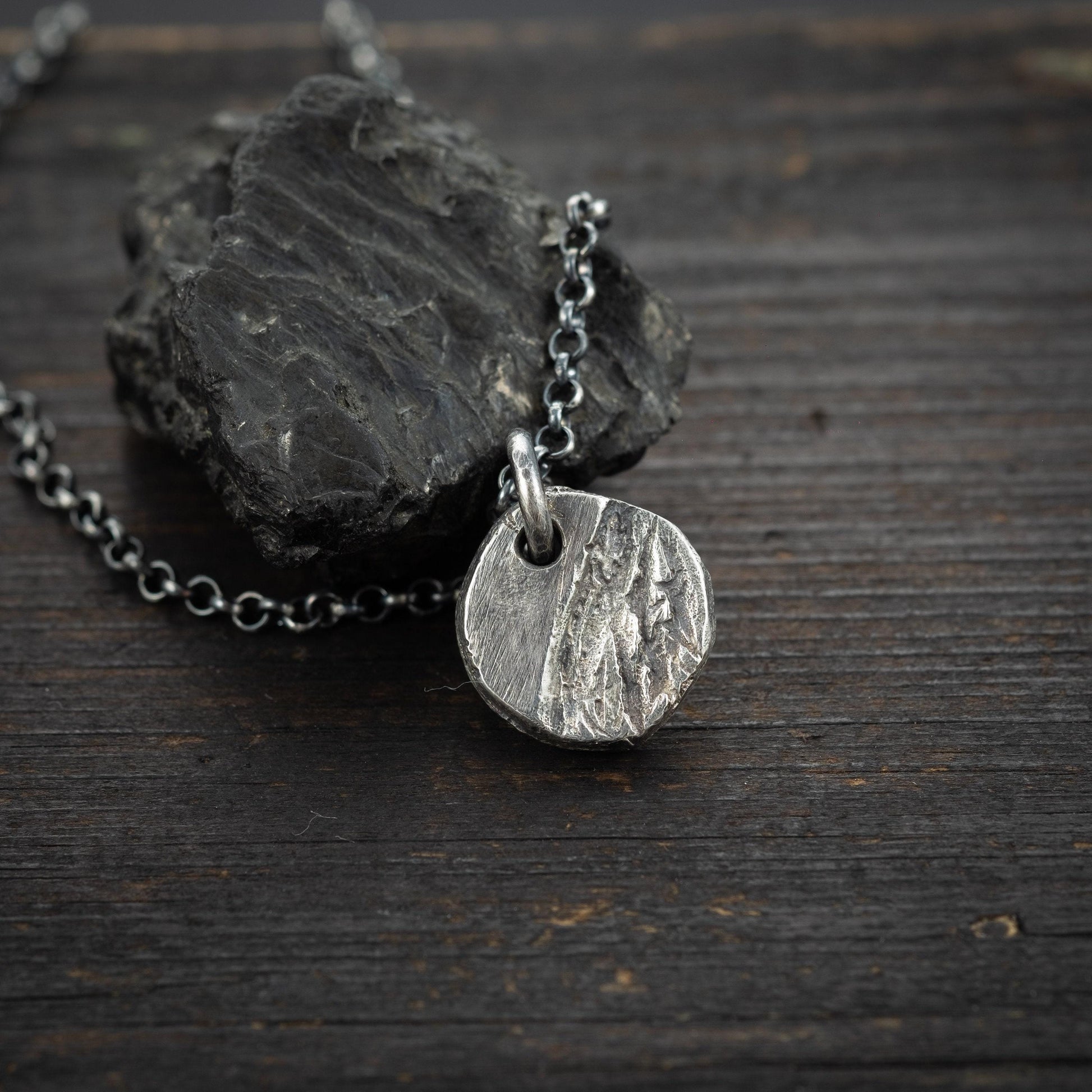 Mens Necklace Small Rustic Pendant for Men in Sterling Silver