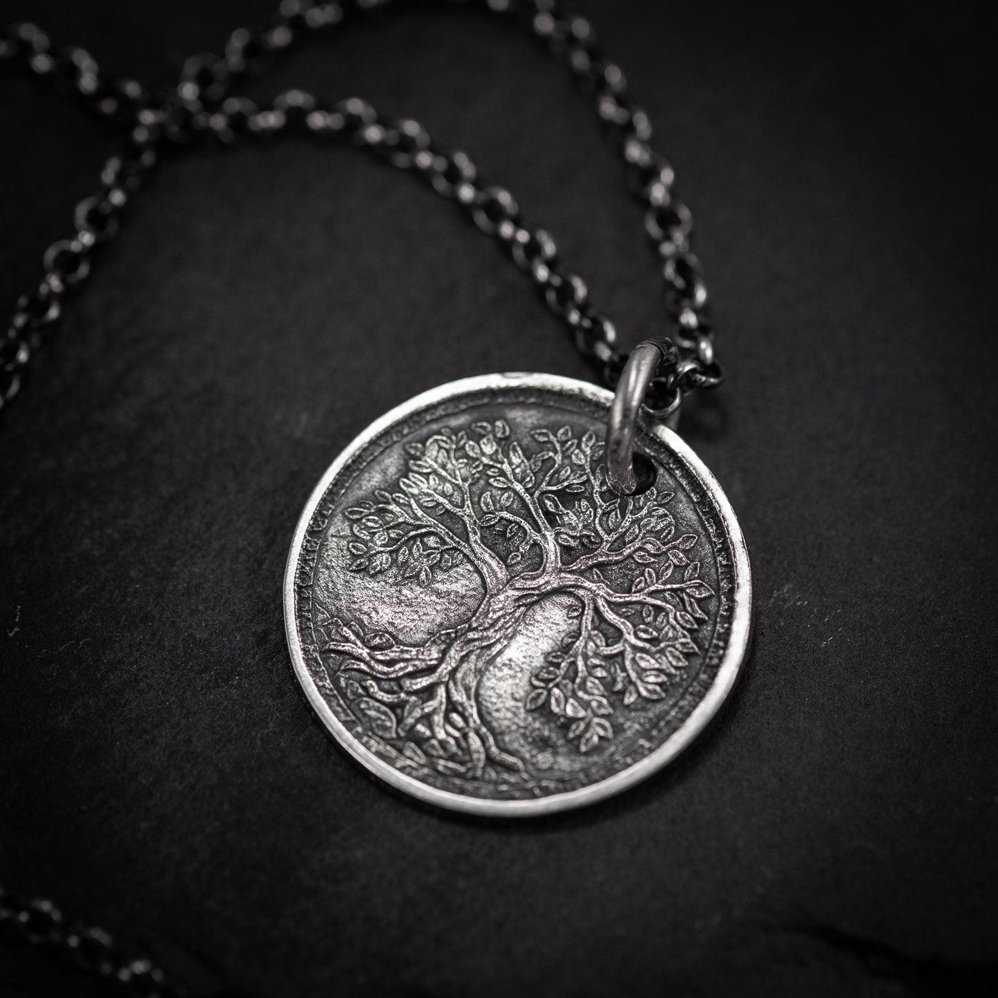 Silver Tree of Life pendant necklace, Unique mens jewelry, Personalized rustic coin necklace, men gift
