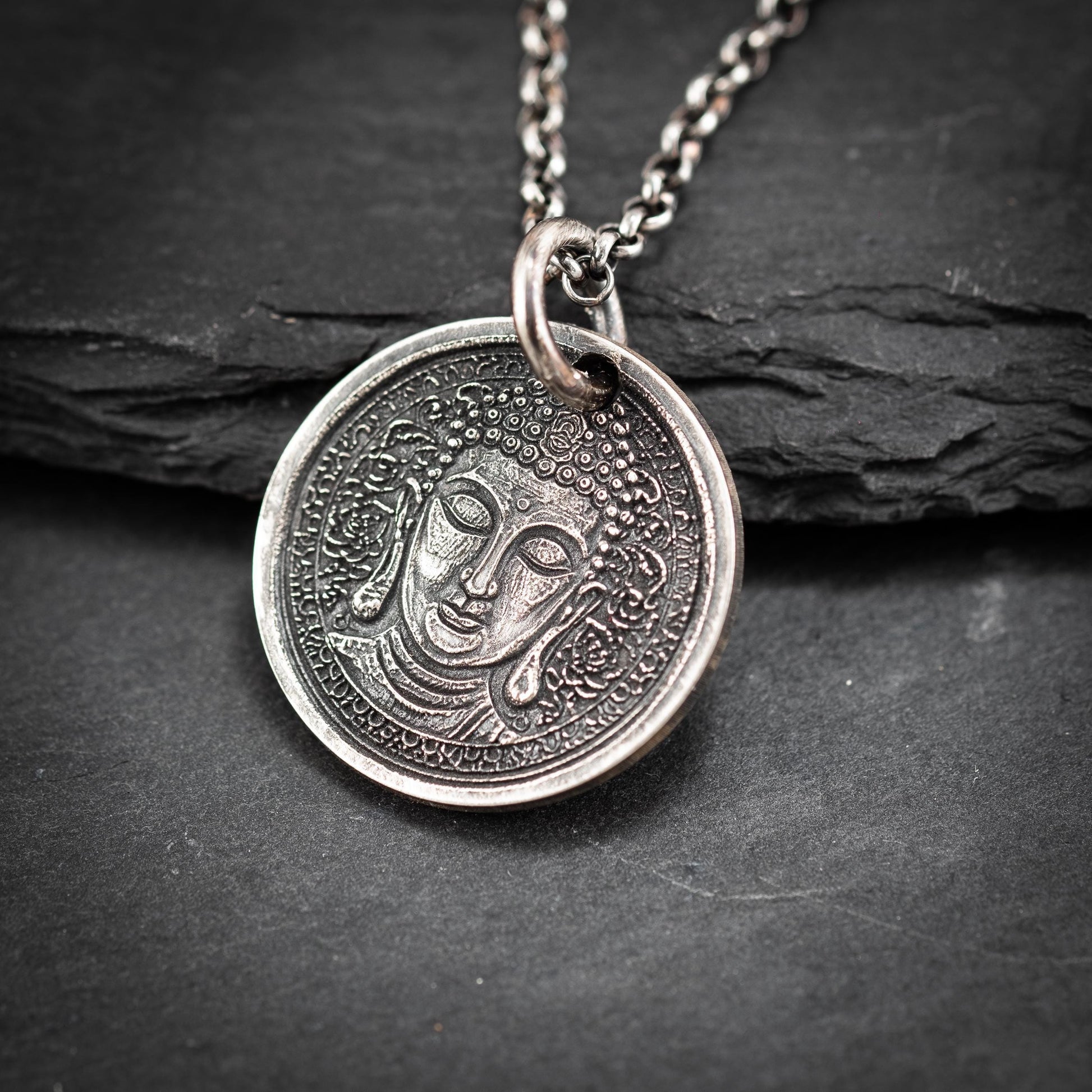 Sterling Silver Buddha Coin Pendant Necklace, Spiritual Meditation Anxiety relief Jewelry