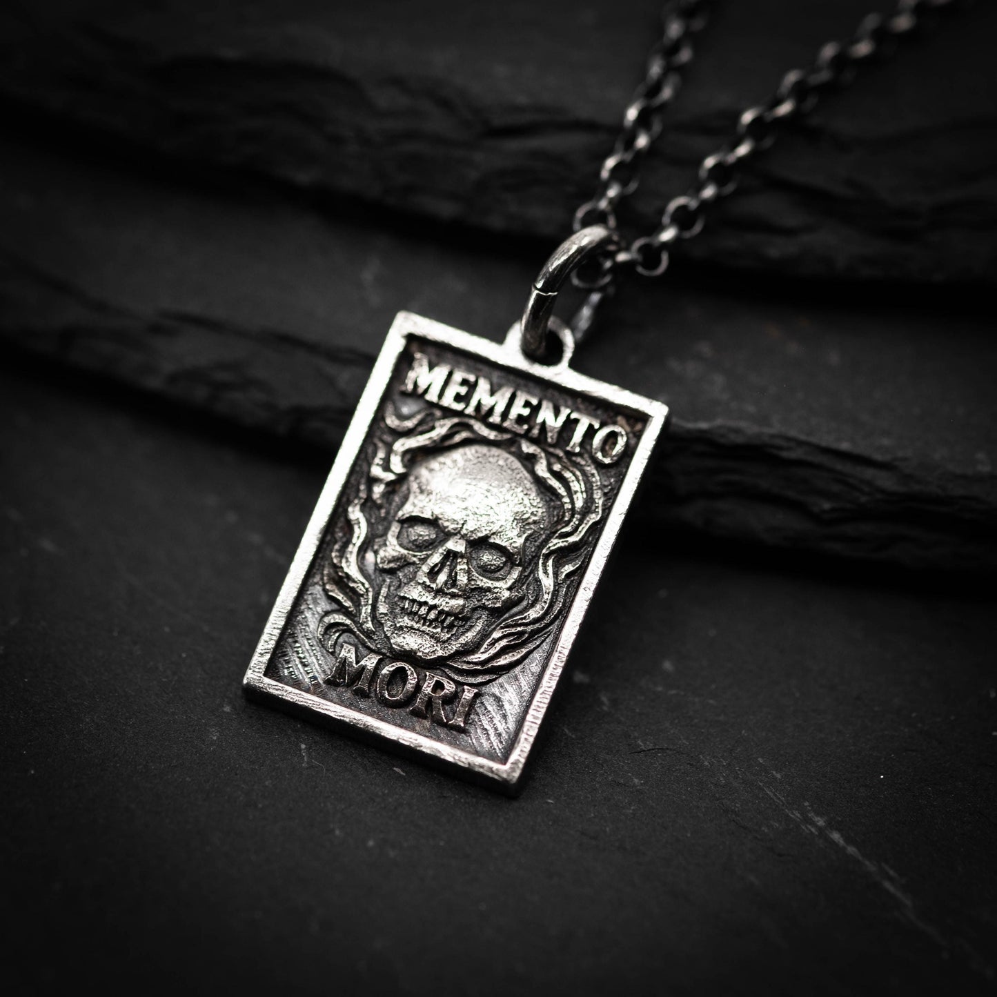 Memento Mori Mens Necklace, Silver Skull Pendant, Memento Vivere Jewelry, Amor Fati Charm, Stoic Chain, Coin Birthday Gift Him and Gift Her