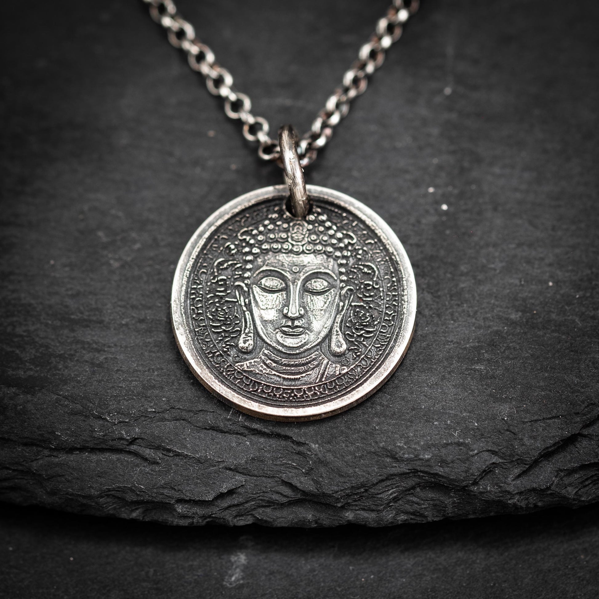 Sterling Silver Buddha Coin Pendant Necklace, Spiritual Meditation Anxiety relief Jewelry
