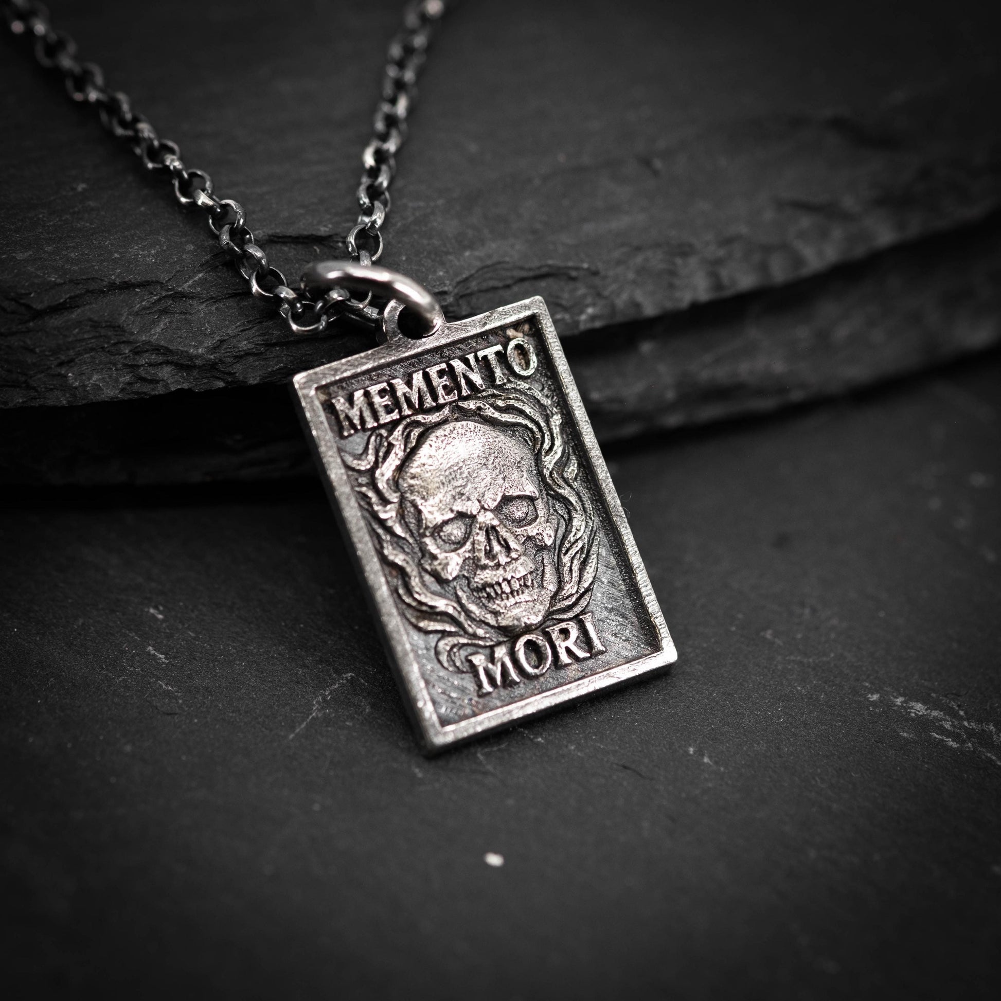 Memento Mori Mens Necklace, Silver Skull Pendant, Memento Vivere Jewelry, Amor Fati Charm, Stoic Chain, Coin Birthday Gift Him and Gift Her