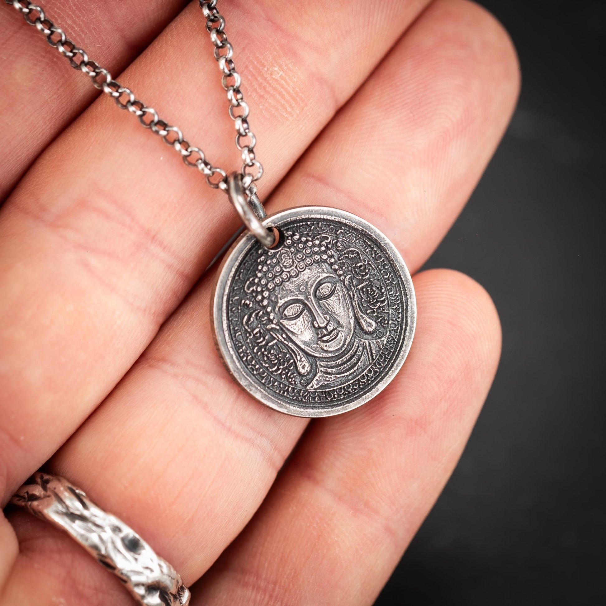 Sterling Silver Buddha Coin Pendant Necklace, Spiritual Meditation Anxiety relief Jewelry