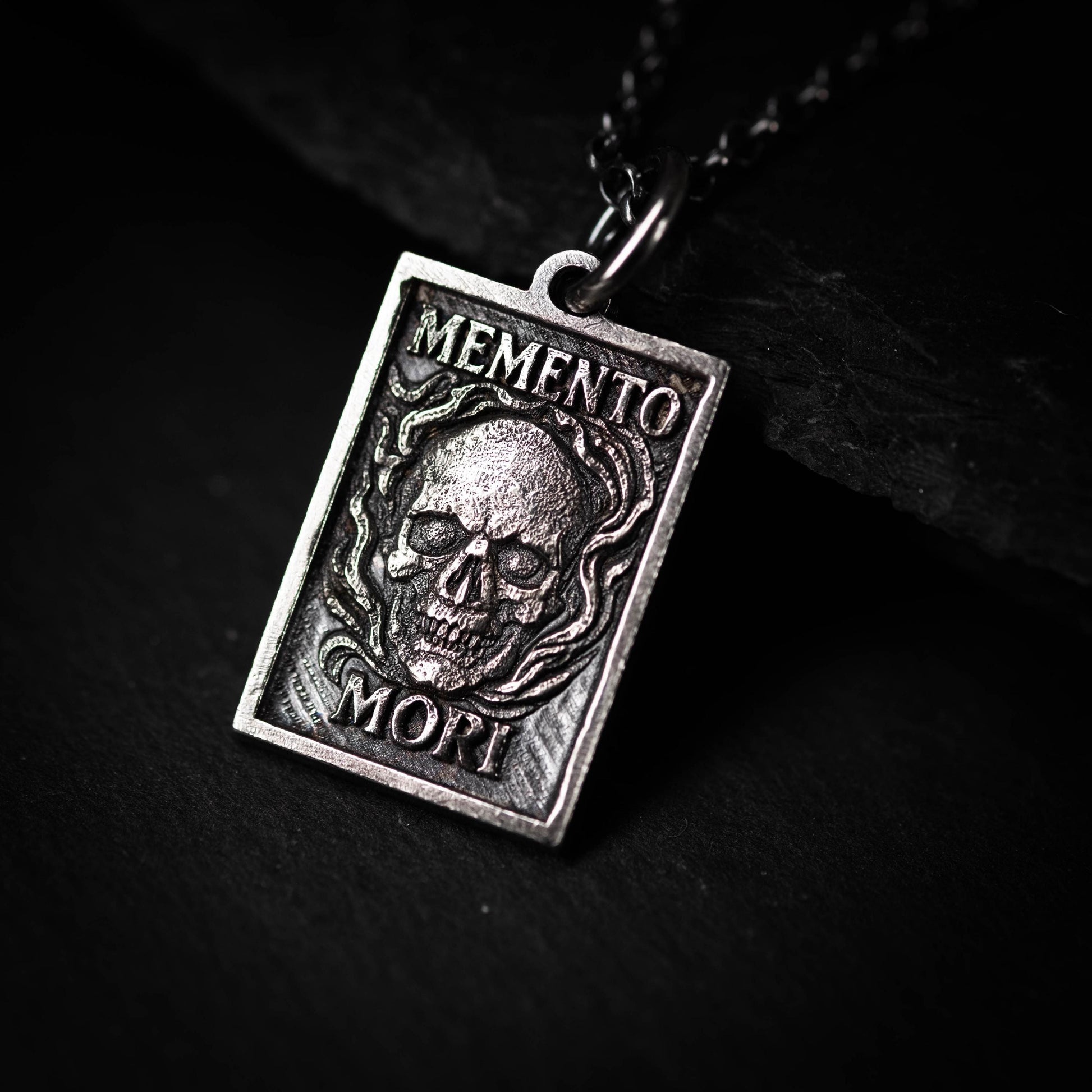 Memento Mori Mens Necklace, Silver Skull Pendant, Memento Vivere Jewelry, Amor Fati Charm, Stoic Chain, Coin Birthday Gift Him and Gift Her