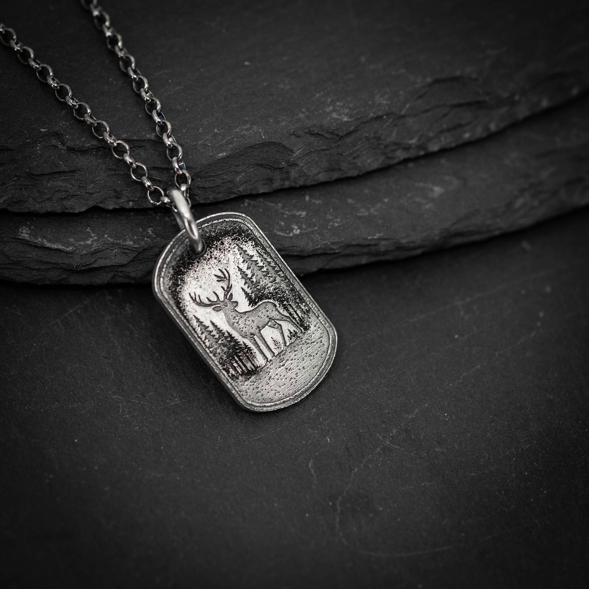 Deer in the forest nature silver Necklace, Nature Outdoor adventure handmade jewelry, mens necklace, Personalized engraved Travel gift