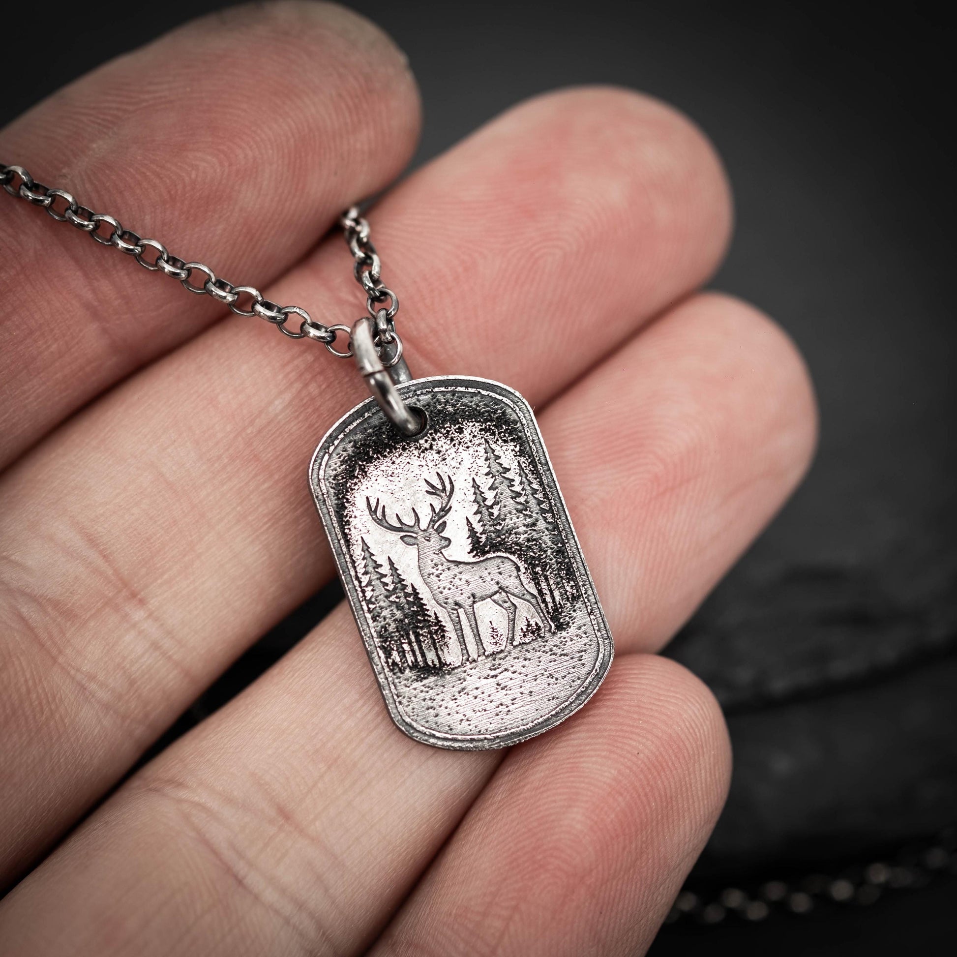 Deer in the forest nature silver Necklace, Nature Outdoor adventure handmade jewelry, mens necklace, Personalized engraved Travel gift