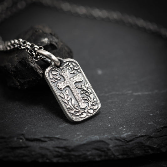 Rustic Silver Cross Pendant Necklace, Christian Faith Jewelry, Handmade Religious Necklace, Unique Gift for Men