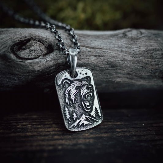 Personalized Bear Silver Pendant Necklace – Engraved Wildlife Pendant, Nature Gift for Him