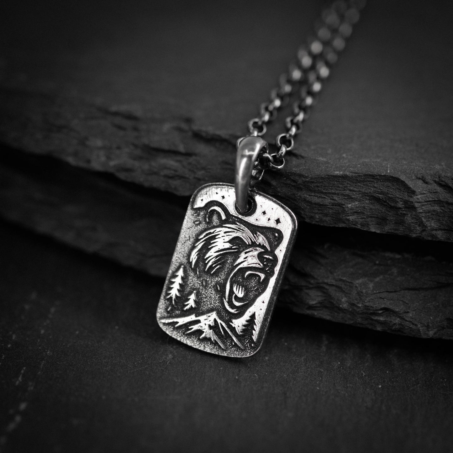 Personalized Bear Silver Pendant Necklace – Engraved Wildlife Pendant, Nature Gift for Him