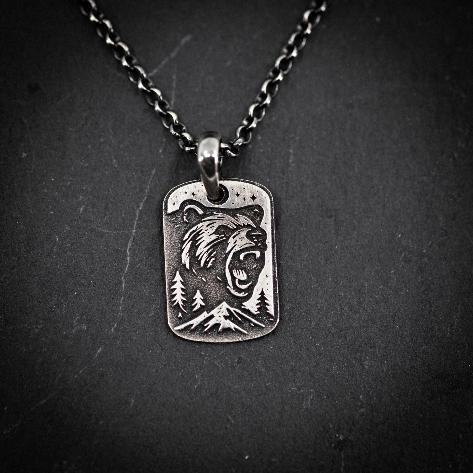 Personalized Bear Silver Pendant Necklace – Engraved Wildlife Pendant, Nature Gift for Him