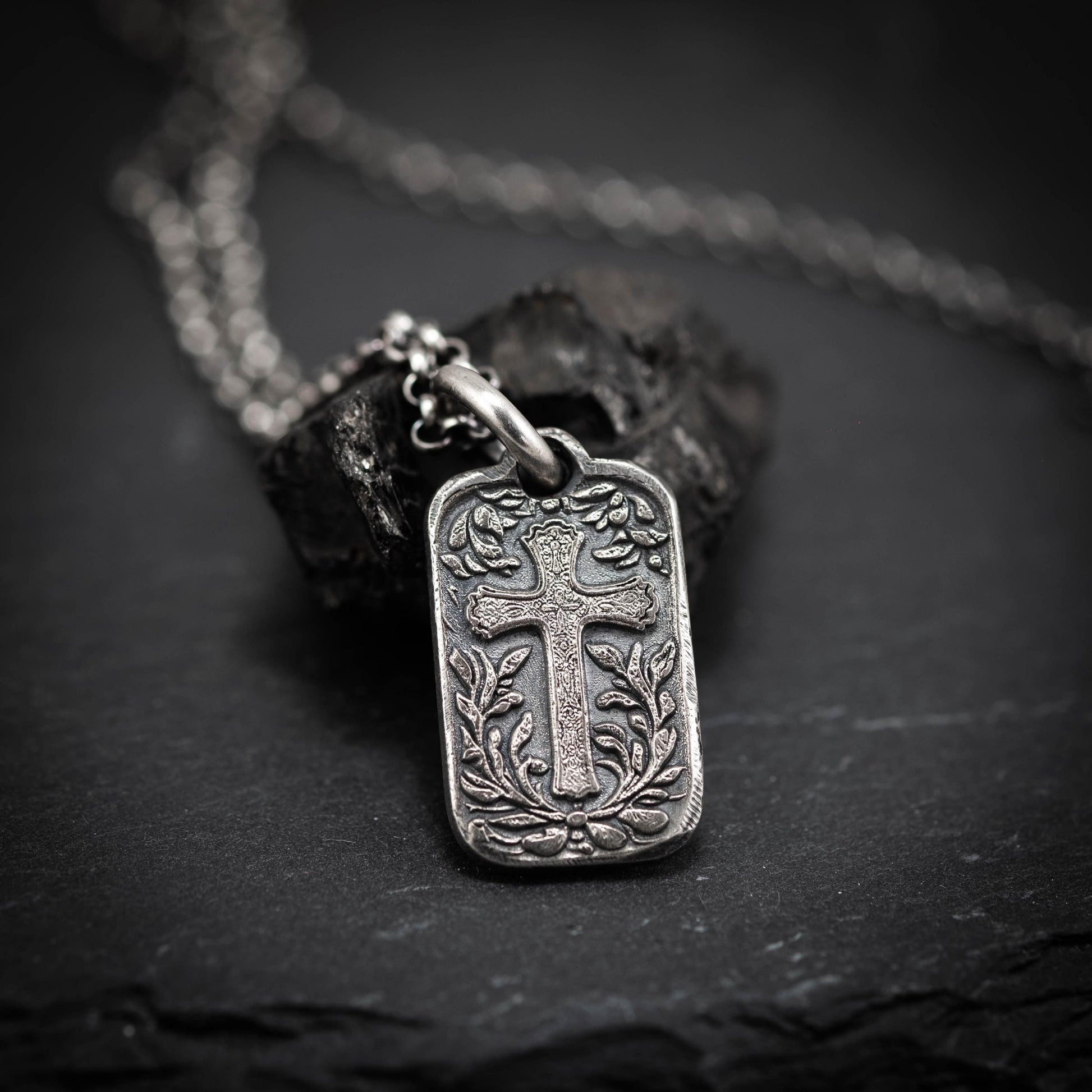 Rustic Silver Cross Pendant Necklace, Christian Faith Jewelry, Handmade Religious Necklace, Unique Gift for Men
