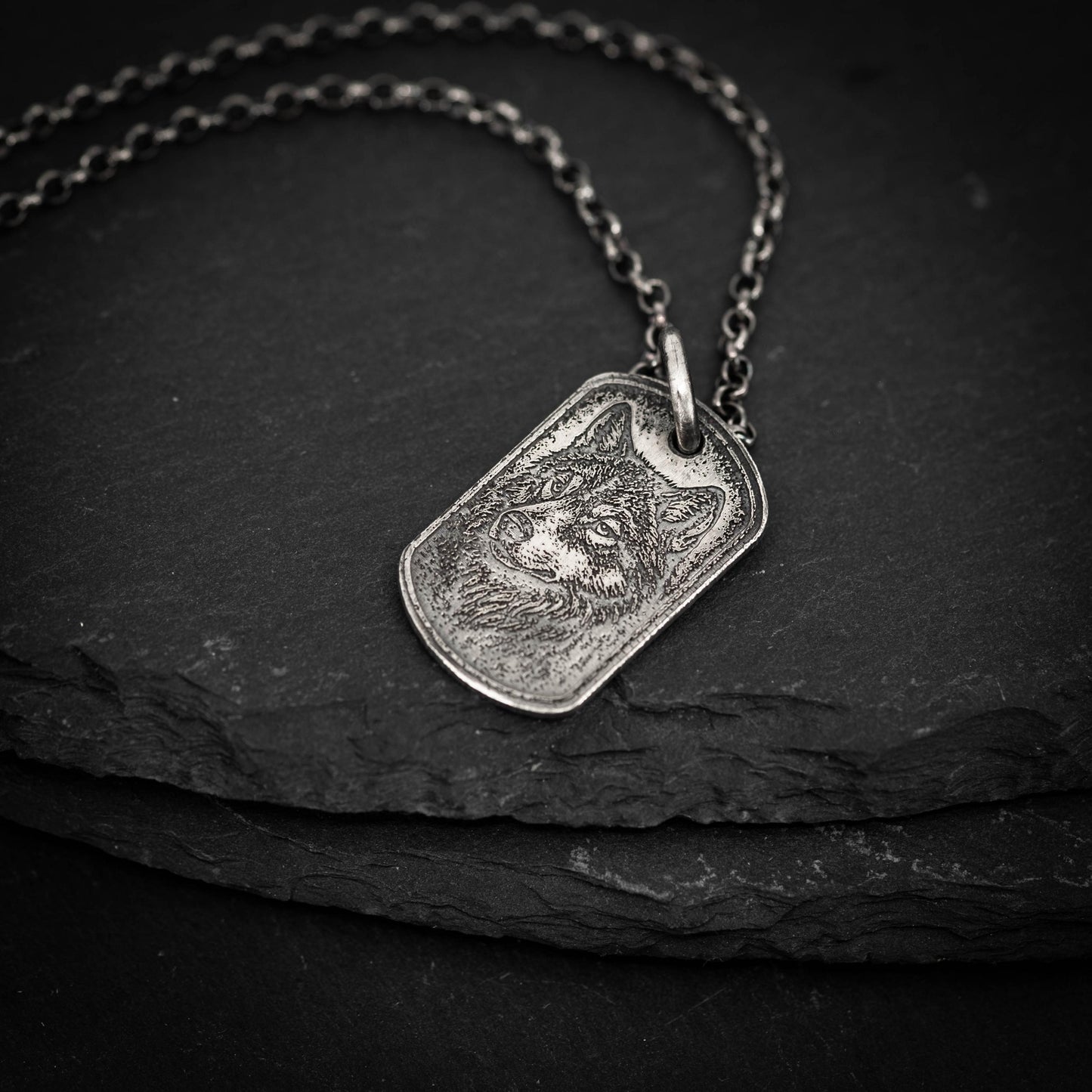 Rustic Wolf Silver necklace, Dog tag personalized oxidized silver jewelry