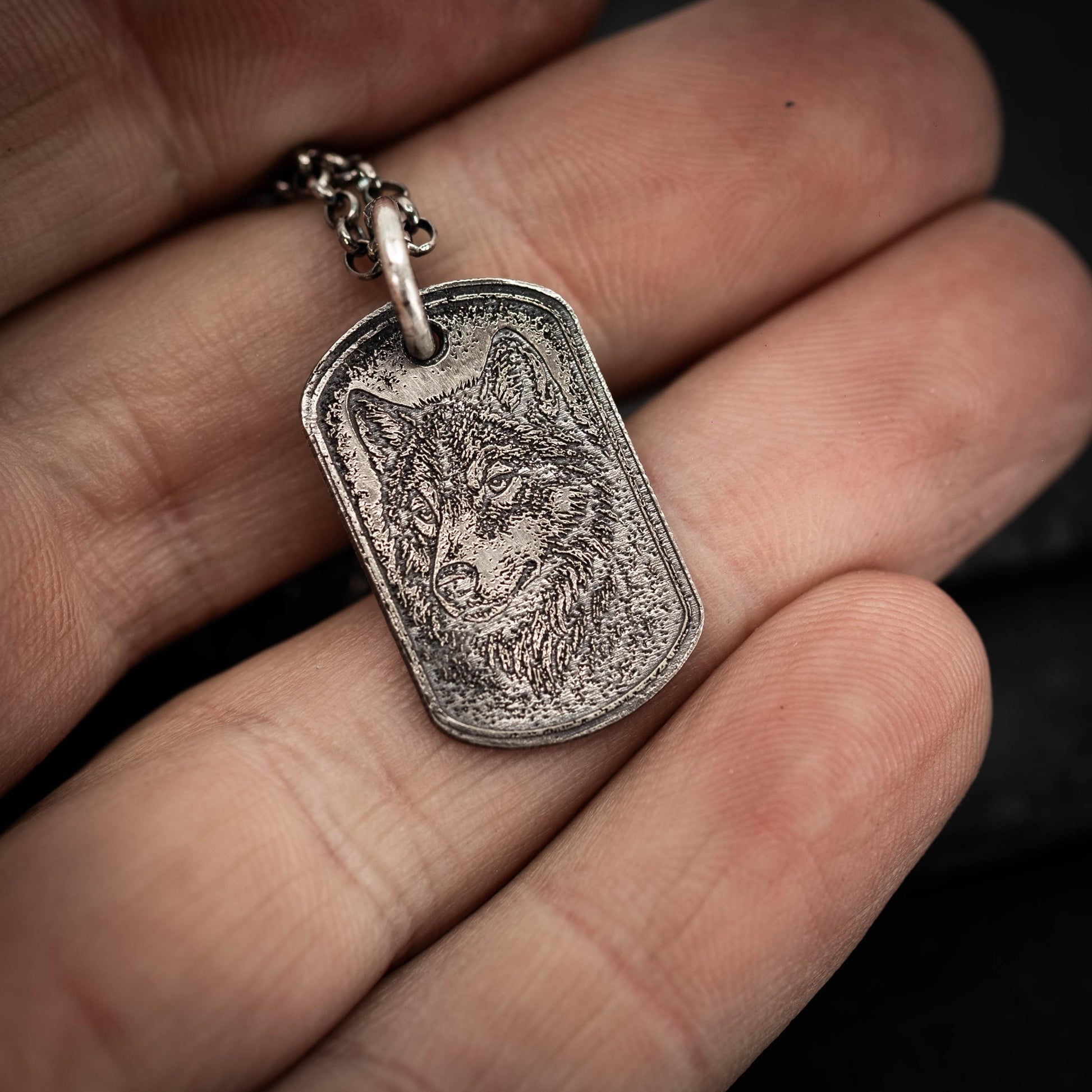Rustic Wolf Silver necklace, Dog tag personalized oxidized silver jewelry