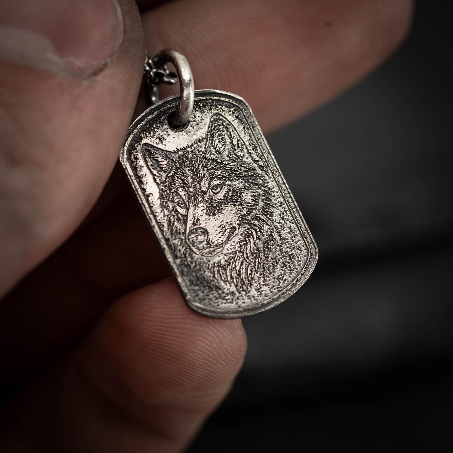 Rustic Wolf Silver necklace, Dog tag personalized oxidized silver jewelry