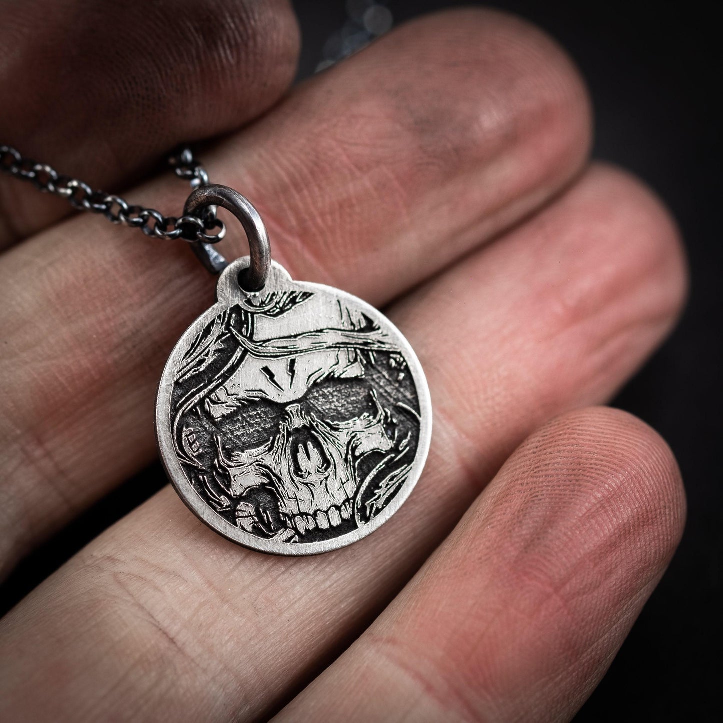 Sterling Silver Memento Mori Coin Necklace. Skull Jewelry, Taphophile Gift, Memento Mori Jewelry, Halloween Gift, mens necklace.