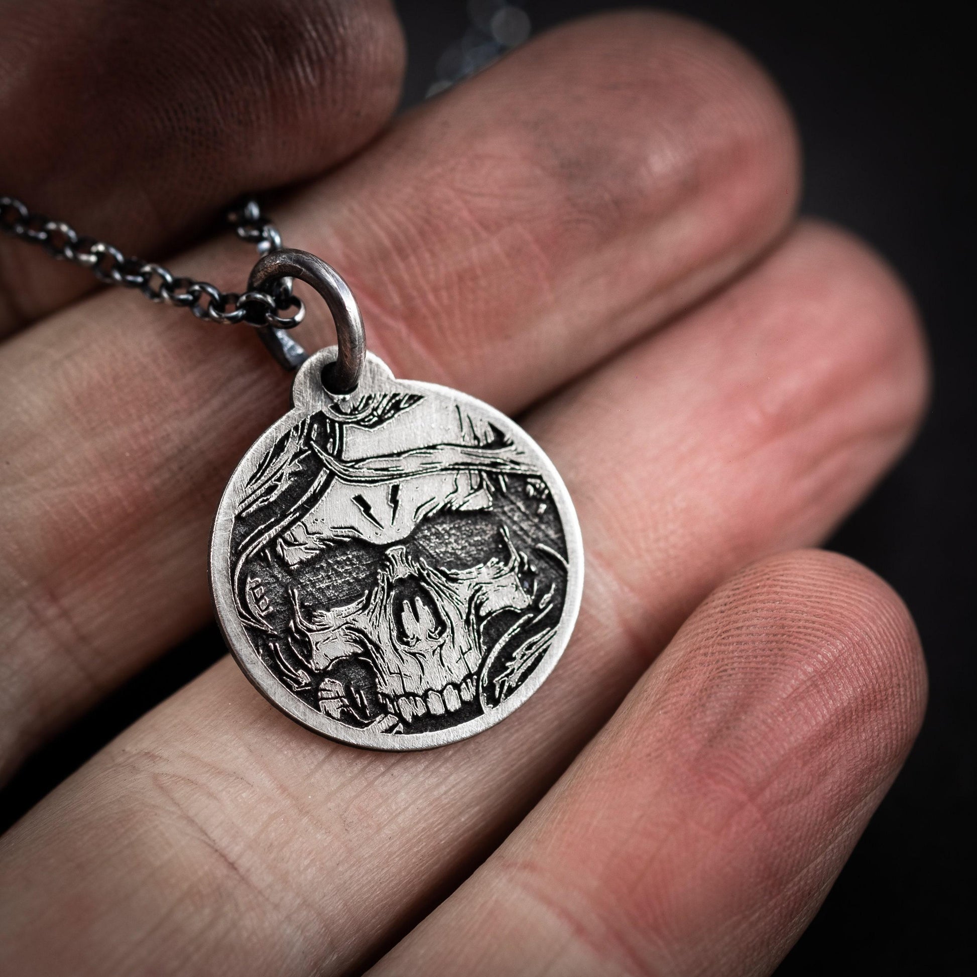 Sterling Silver Memento Mori Coin Necklace. Skull Jewelry, Taphophile Gift, Memento Mori Jewelry, Halloween Gift, mens necklace.