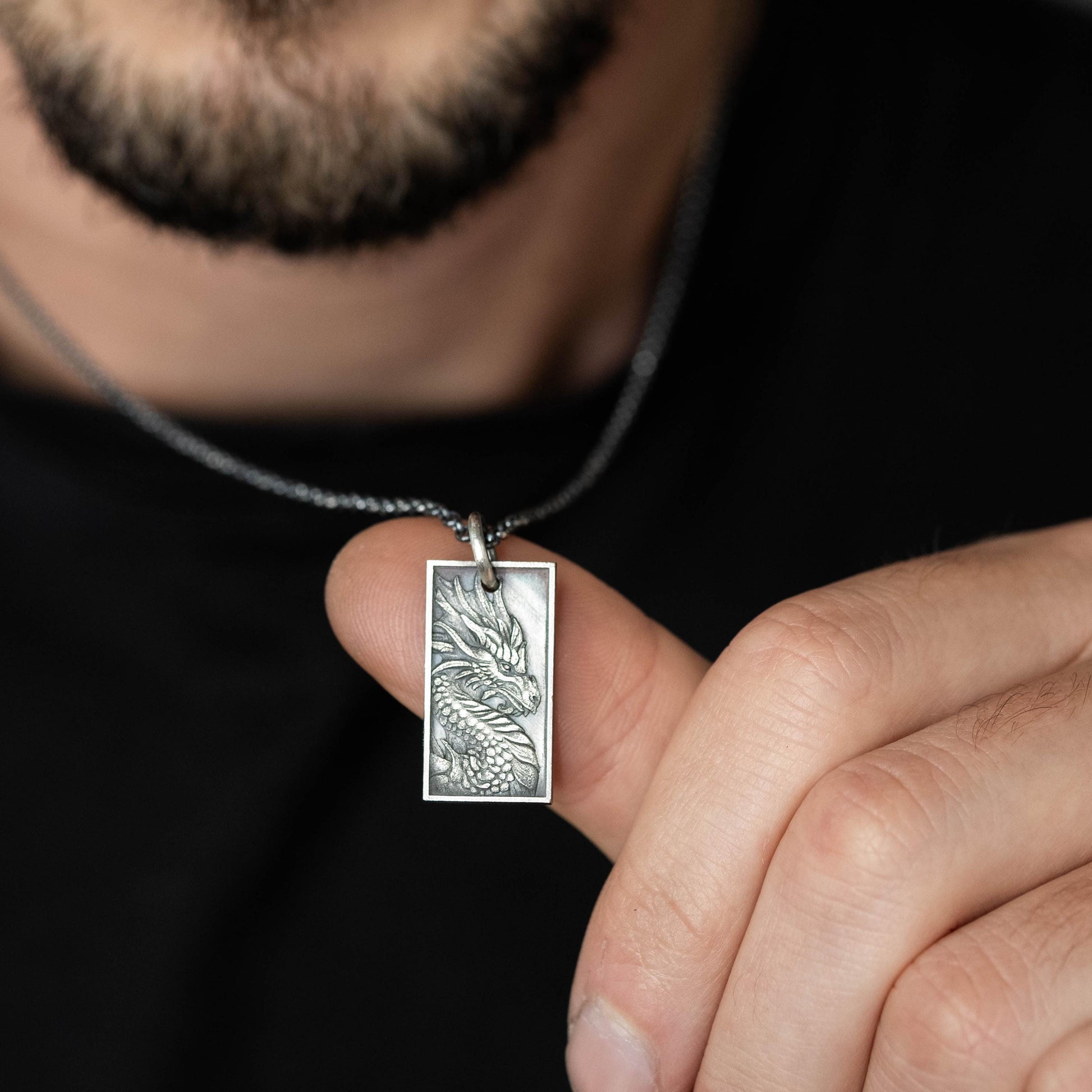 Dragon Mens Necklace in Sterling Silver – Handmade Pendant, Mythical Talisman Jewelry for Men
