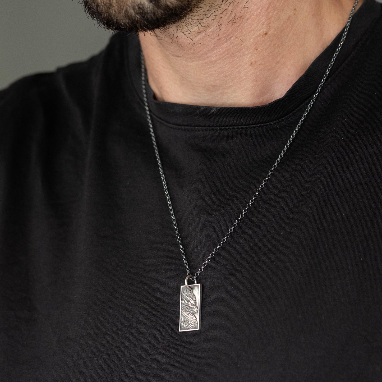 Dragon Mens Necklace in Sterling Silver – Handmade Pendant, Mythical Talisman Jewelry for Men