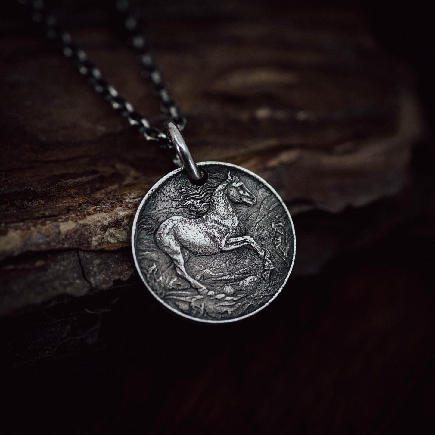 Silver Horse personalized Pendant Necklace, Handmade Rustic Oxidized Coin Jewelry for Men or Women, husband gift