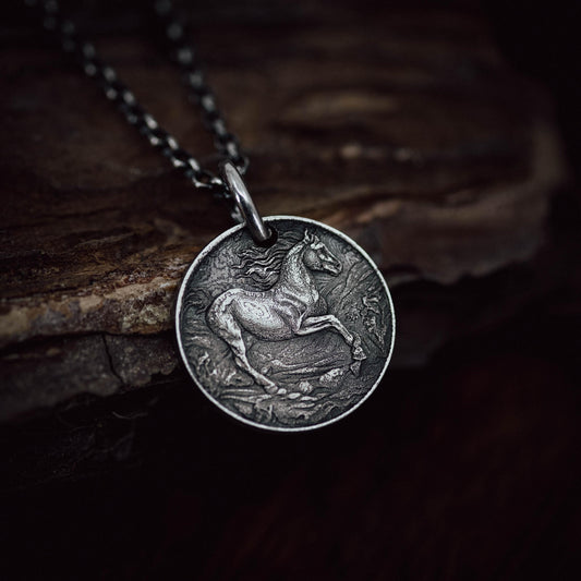 Silver Horse personalized Pendant Necklace, Handmade Rustic Oxidized Coin Jewelry for Men or Women, husband gift