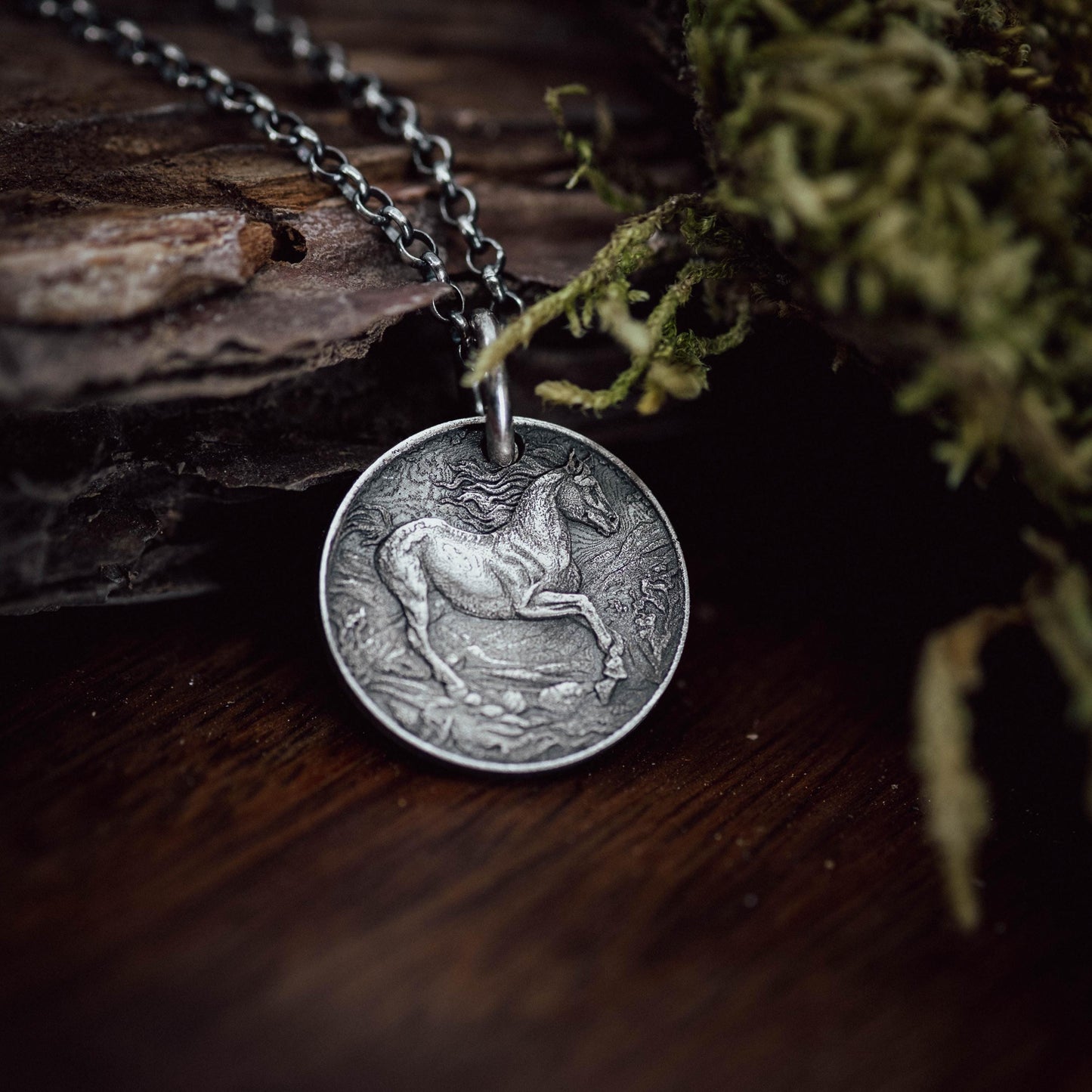 Silver Horse personalized Pendant Necklace, Handmade Rustic Oxidized Coin Jewelry for Men or Women, husband gift