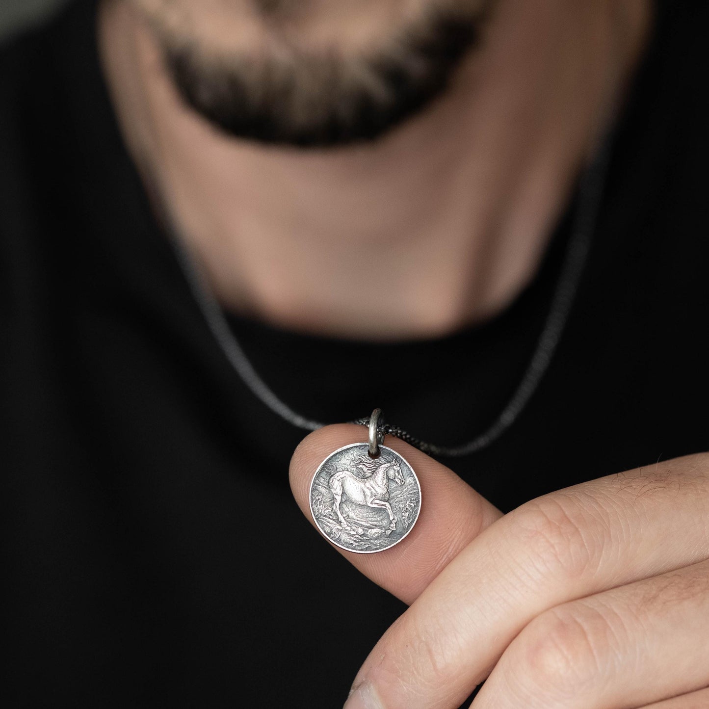 Silver Horse personalized Pendant Necklace, Handmade Rustic Oxidized Coin Jewelry for Men or Women, husband gift