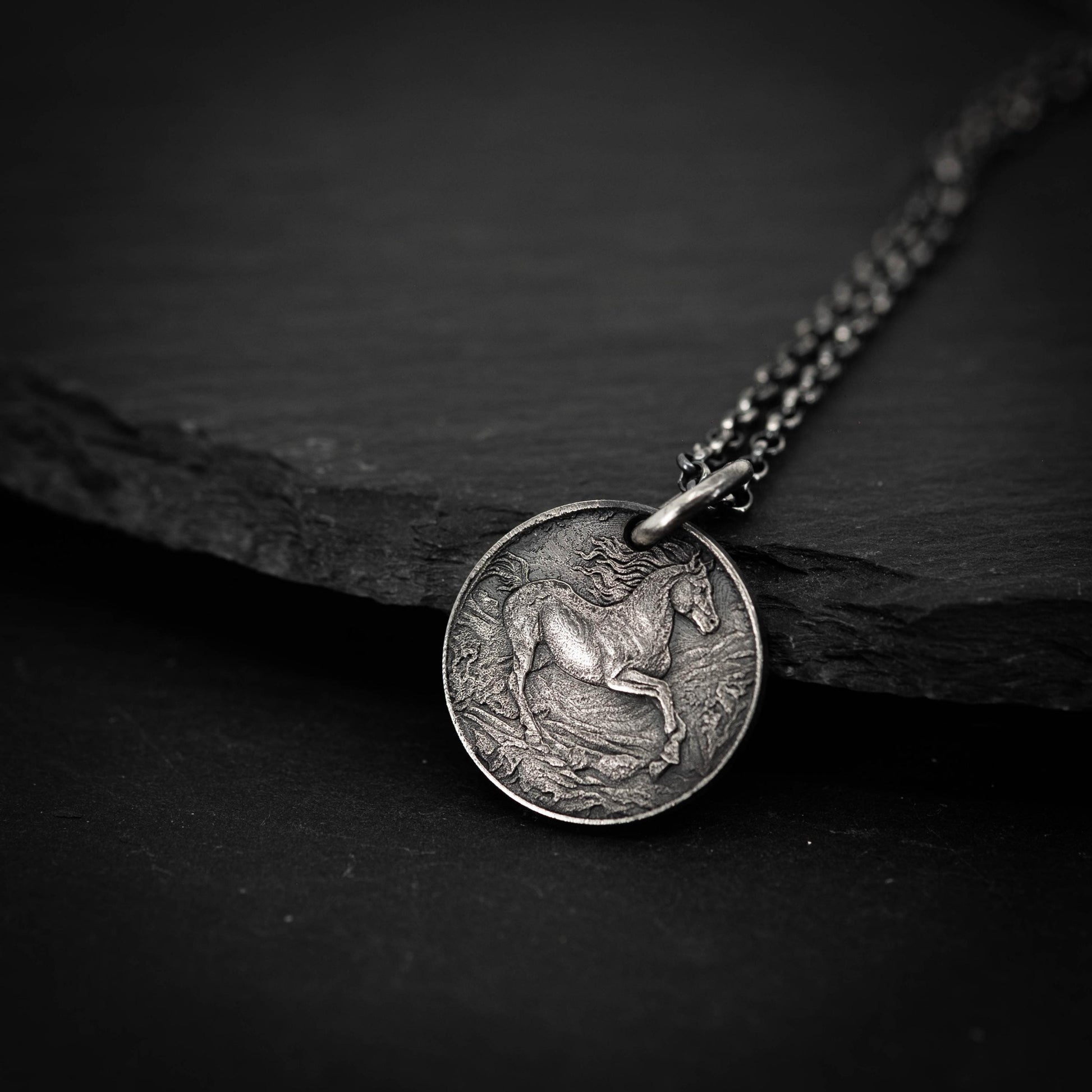 Silver Horse personalized Pendant Necklace, Handmade Rustic Oxidized Coin Jewelry for Men or Women, husband gift