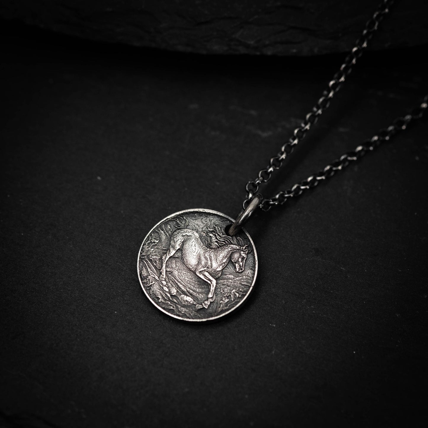 Silver Horse personalized Pendant Necklace, Handmade Rustic Oxidized Coin Jewelry for Men or Women, husband gift