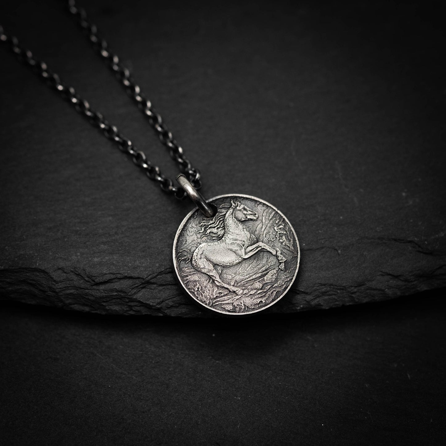 Silver Horse personalized Pendant Necklace, Handmade Rustic Oxidized Coin Jewelry for Men or Women, husband gift